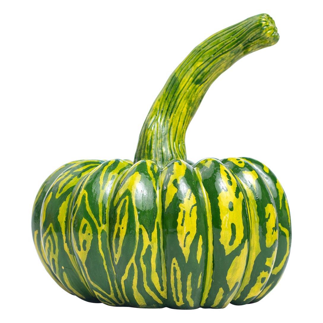 This stunning ceramic pumpkin, crafted by Love Art Ceramics in South Africa, is the result of collaboration between two skilled artists. Made entirely by hand, it showcases a vibrant finish in lovely greens, enhanced by a glossy glaze that adds