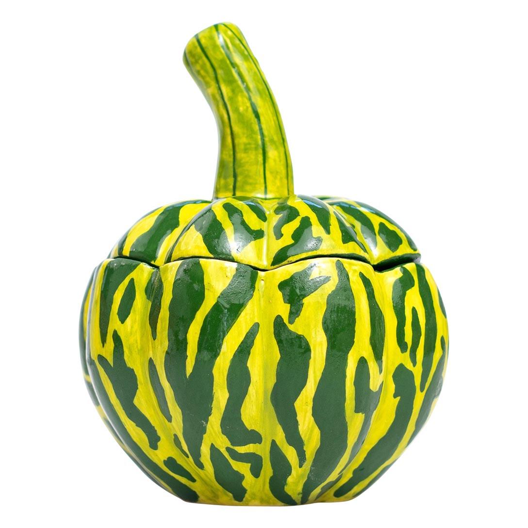 This lovely  ceramic pumpkin jewelry box is a unique, one-of-a-kind piece handcrafted in South Africa by Love Art Ceramics. Made entirely by hand without the use of molds, it features vibrant green colors, all coated in a glaze finish. With a height