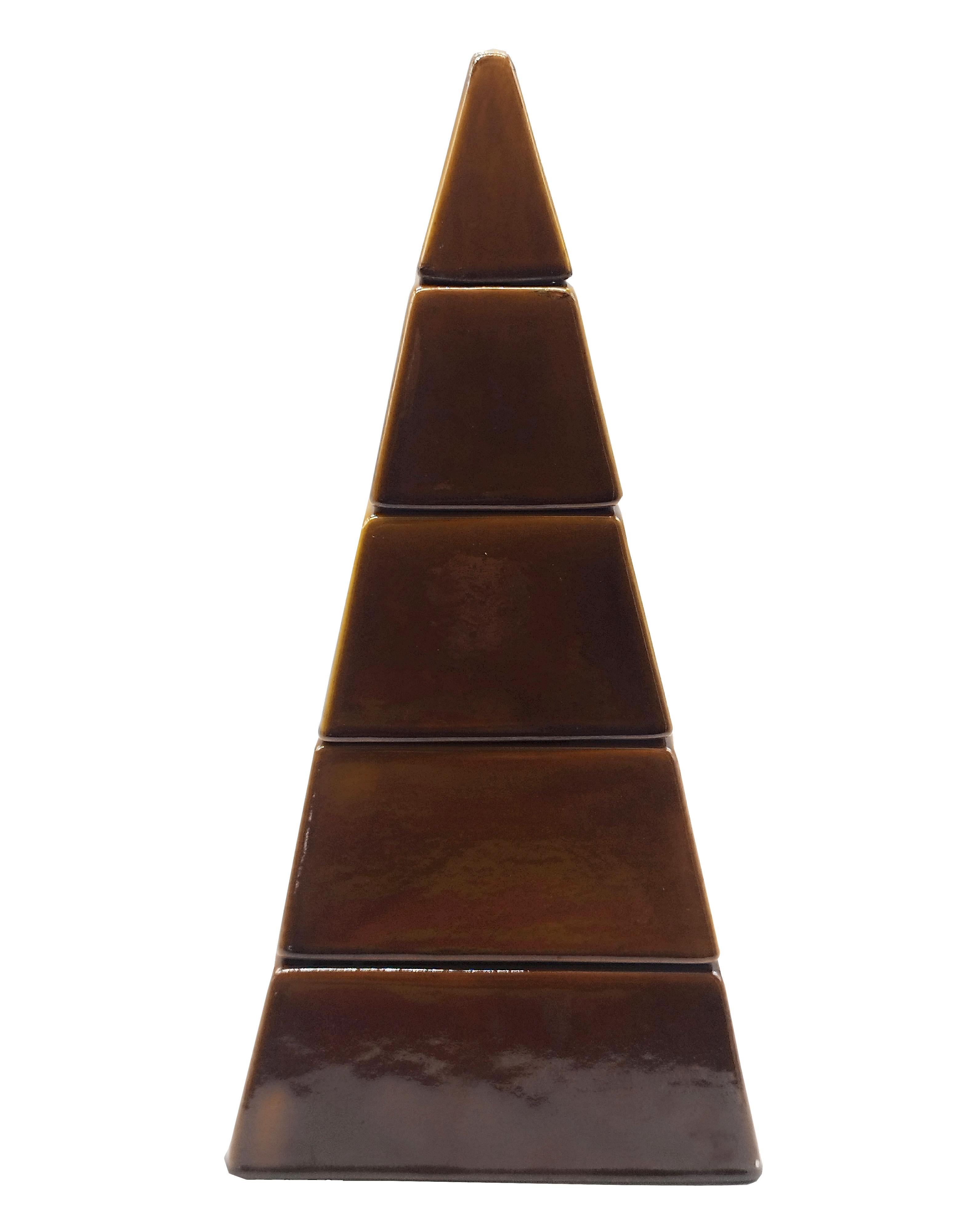 Jewelry box made of amber-colored ceramic. Consists of sections forming 4 compartments, pyramid-shaped, usable for small jewelry, jewelry, coins.