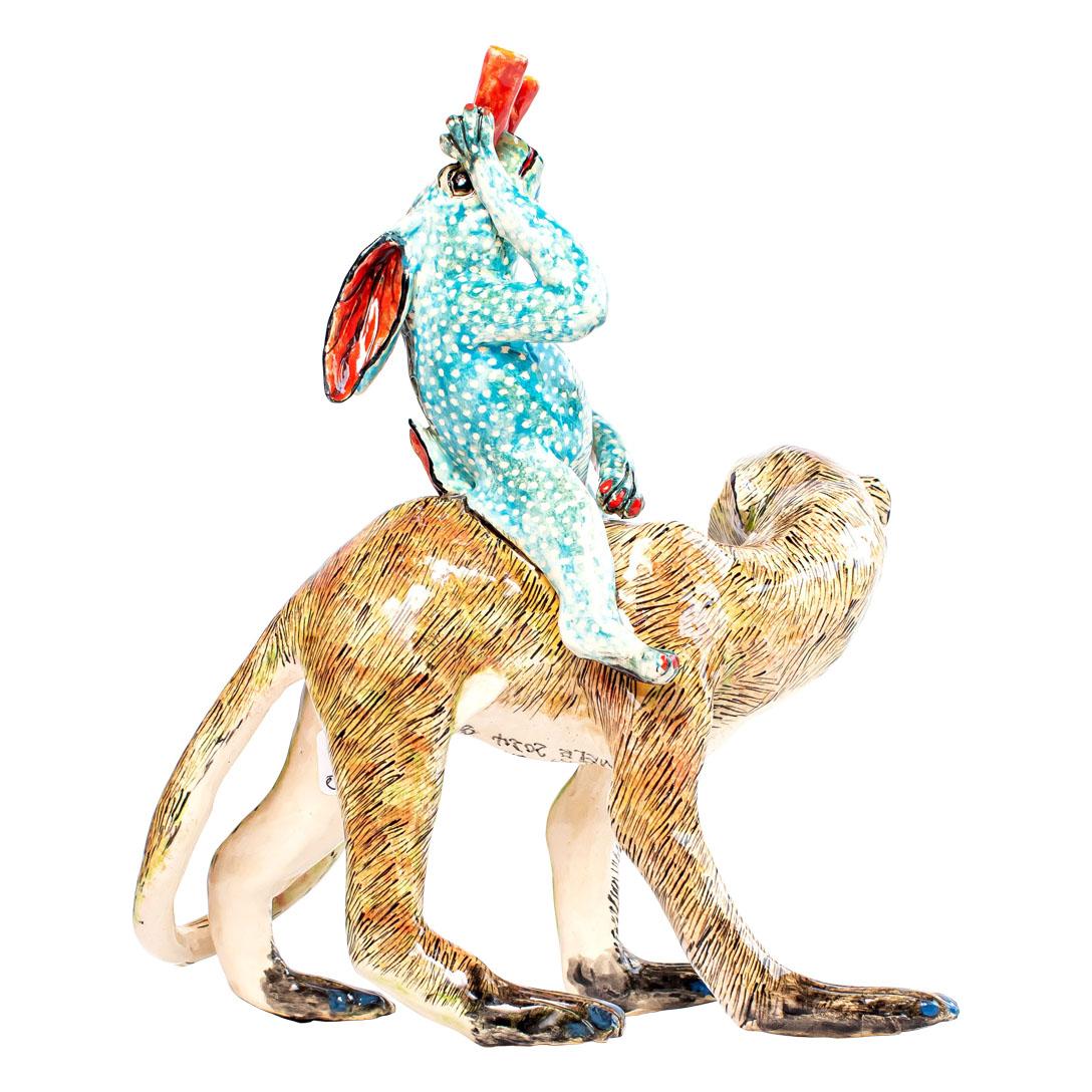 Hand-Painted Ceramic Rabbit  Monkey  Rider, Hand  made in South Africa