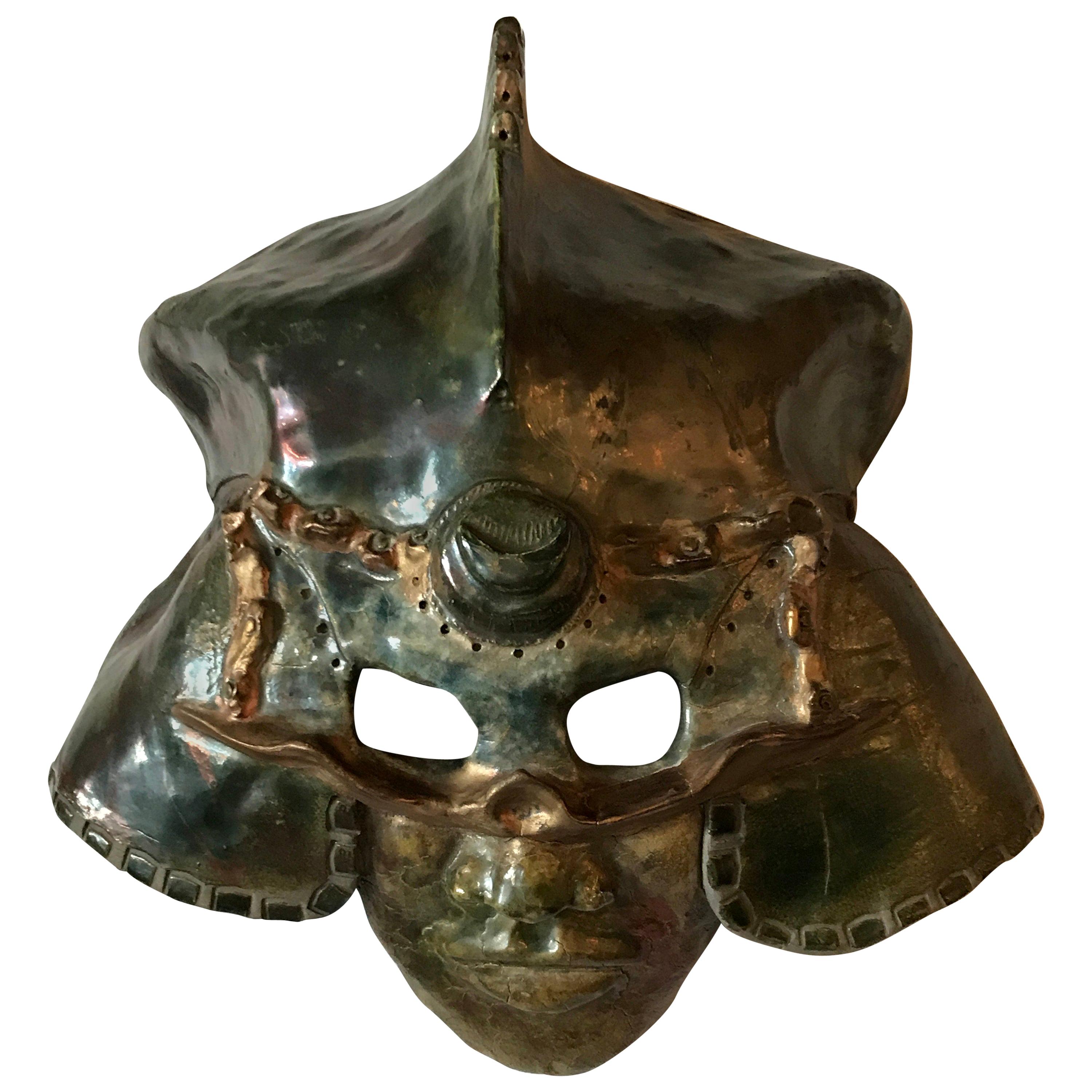 Ceramic Raku Mask of a Warrior in Helmet by Hal Wahlborg