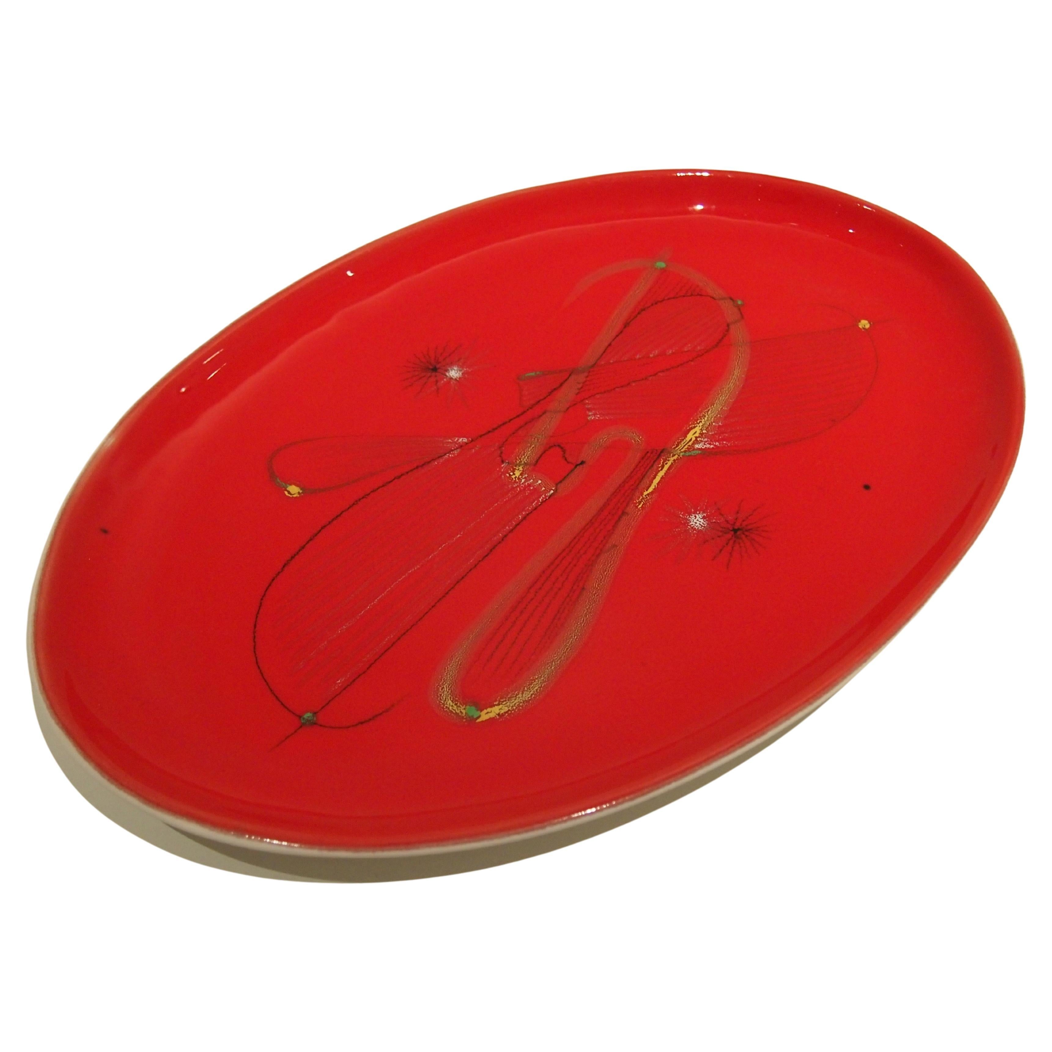 Plat rouge en céramique d'André Baud, Vallauris, années 1950 en vente