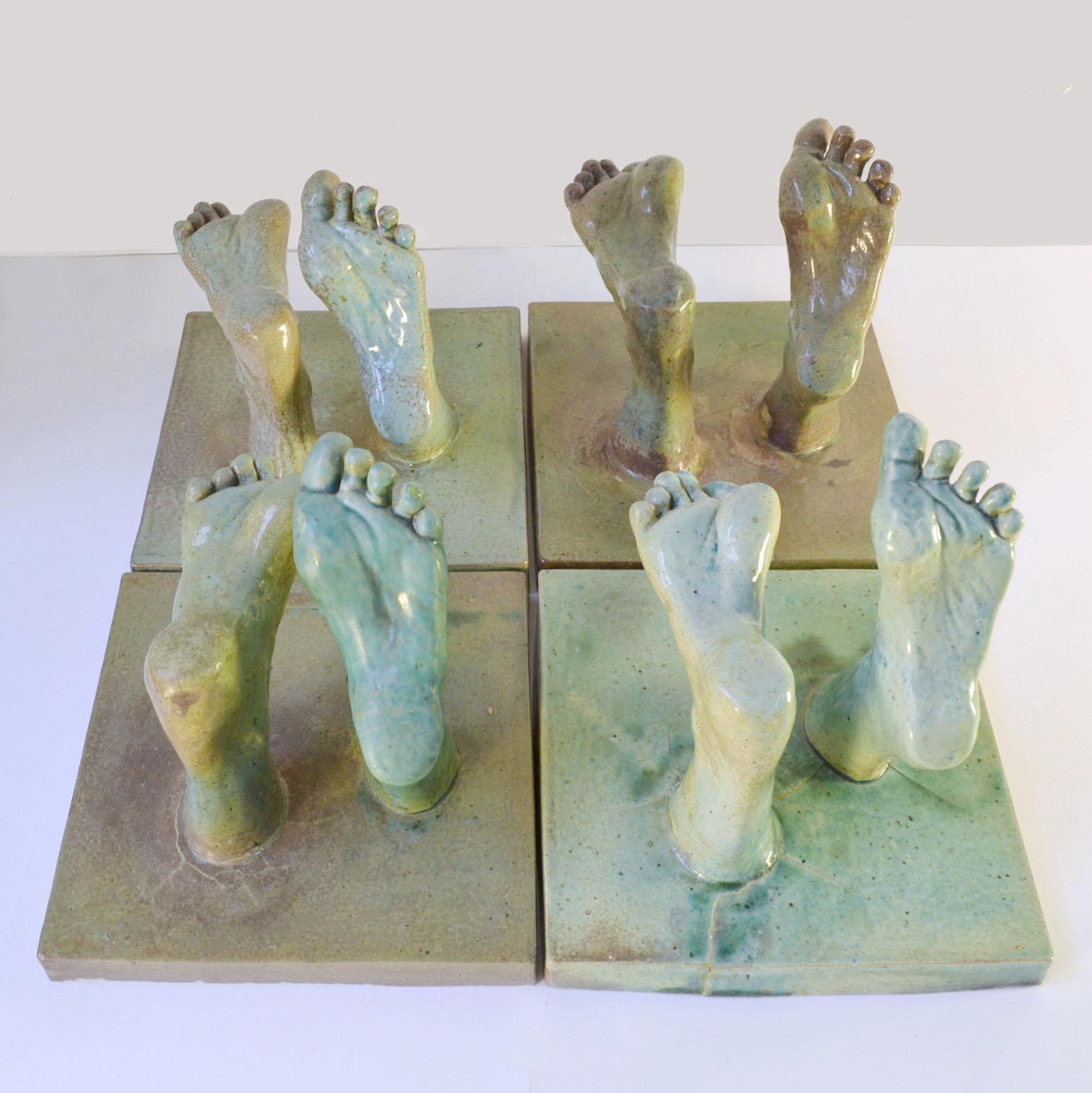 Ceramic Relief tiles with Green Glazed Sculpted Feet For Sale 2