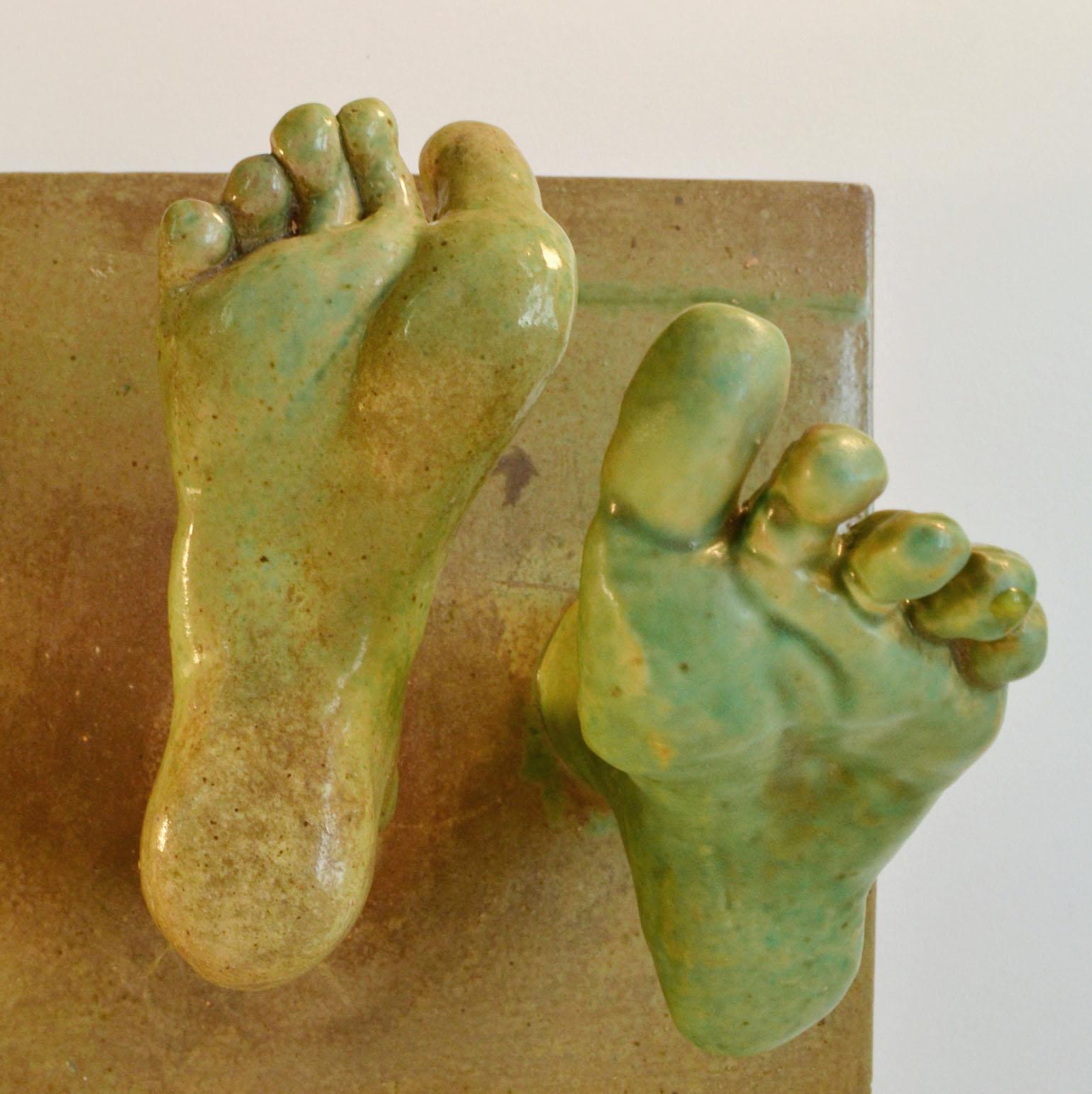 Ceramic Relief tiles with Green Glazed Sculpted Feet For Sale 6