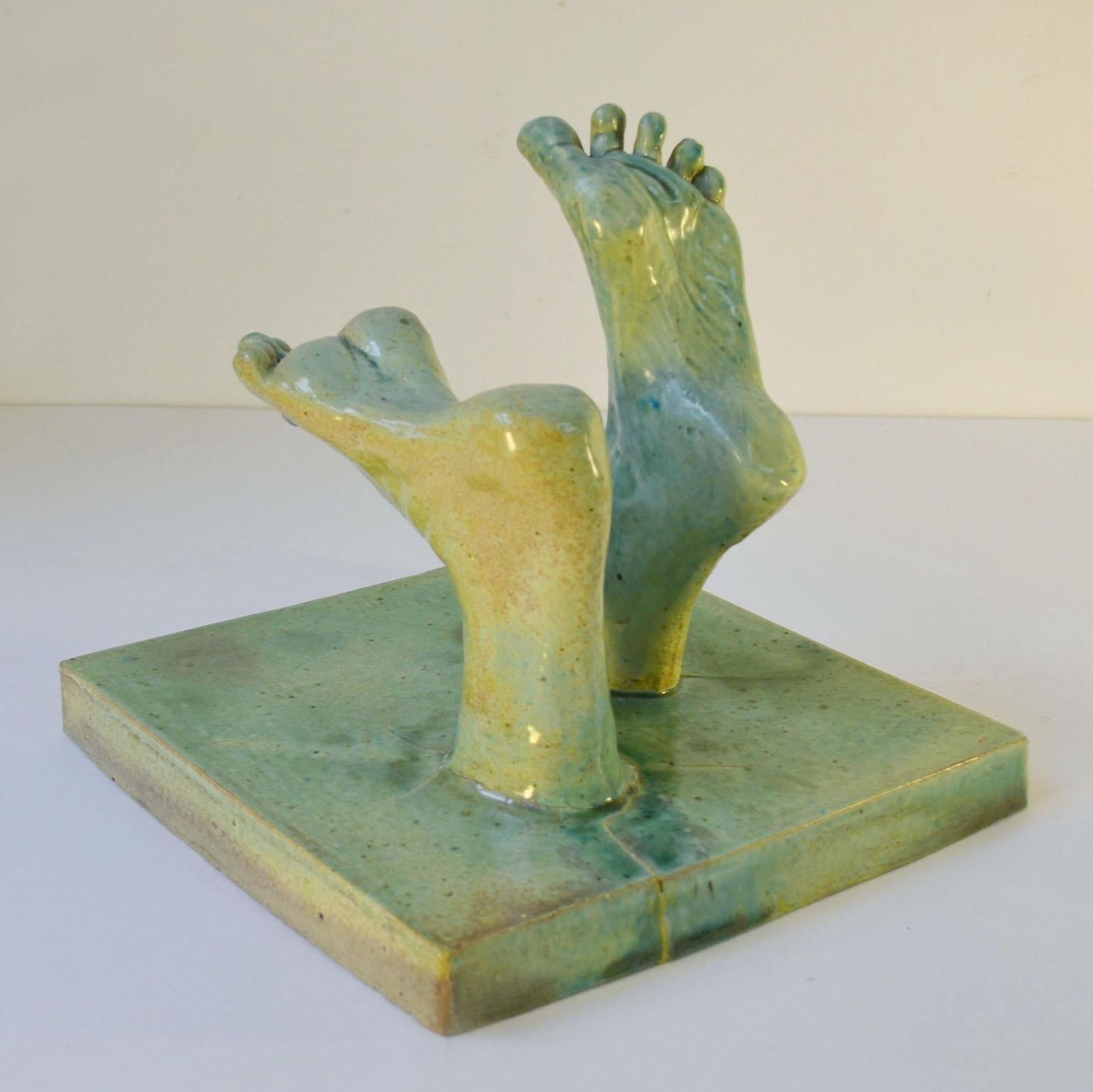 European Ceramic Relief tiles with Green Glazed Sculpted Feet For Sale