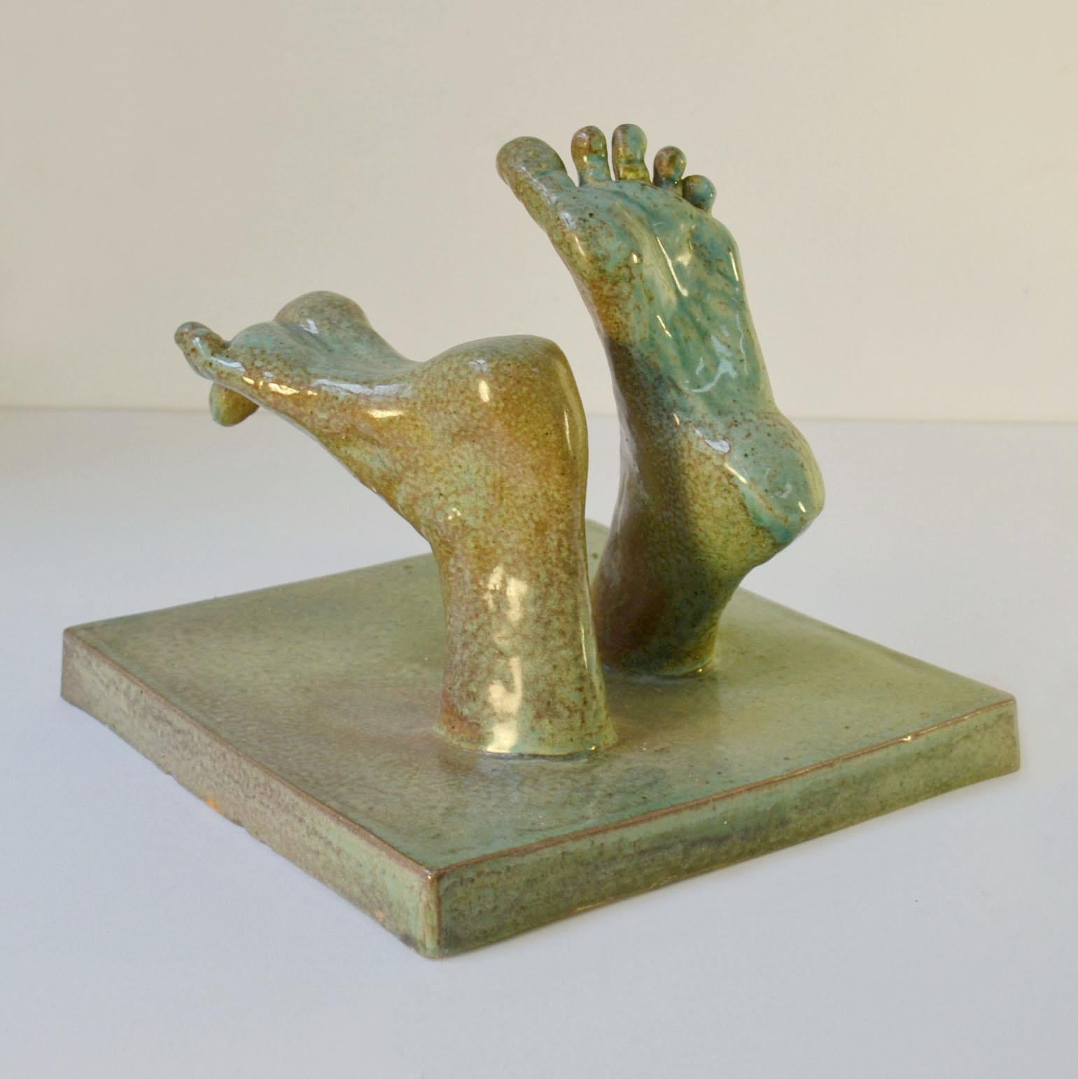 Hand-Crafted Ceramic Relief tiles with Green Glazed Sculpted Feet For Sale