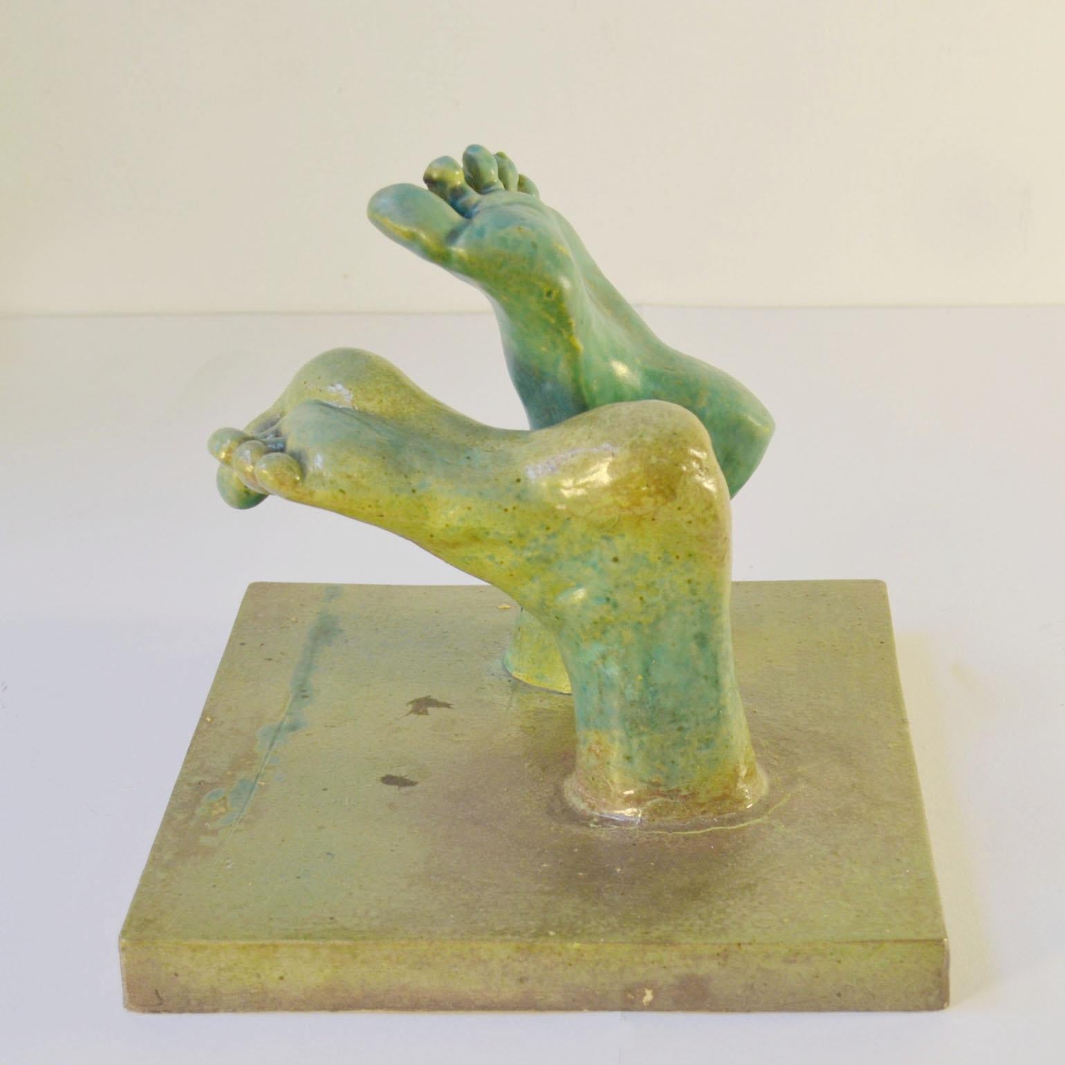 Late 20th Century Ceramic Relief tiles with Green Glazed Sculpted Feet For Sale