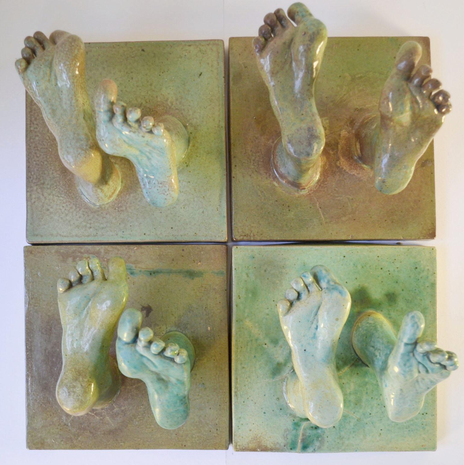 Ceramic Relief tiles with Green Glazed Sculpted Feet For Sale 1