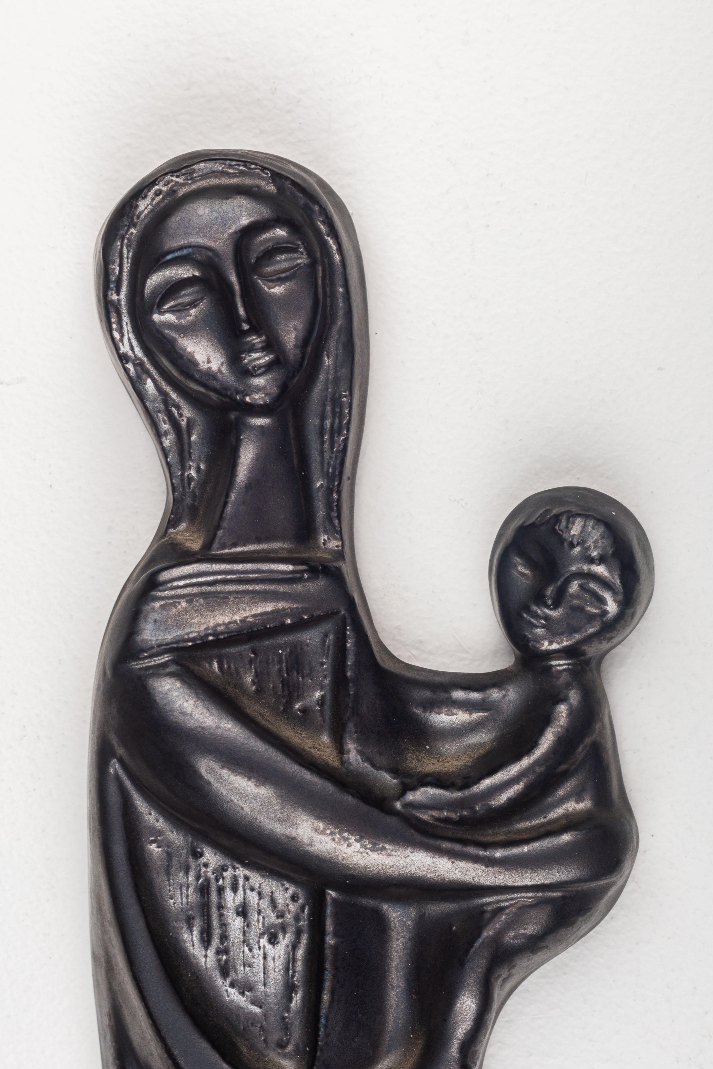 Ceramic Religious Modernist Wall Art, Pewter Colored Virgin Mary and Child  For Sale 3