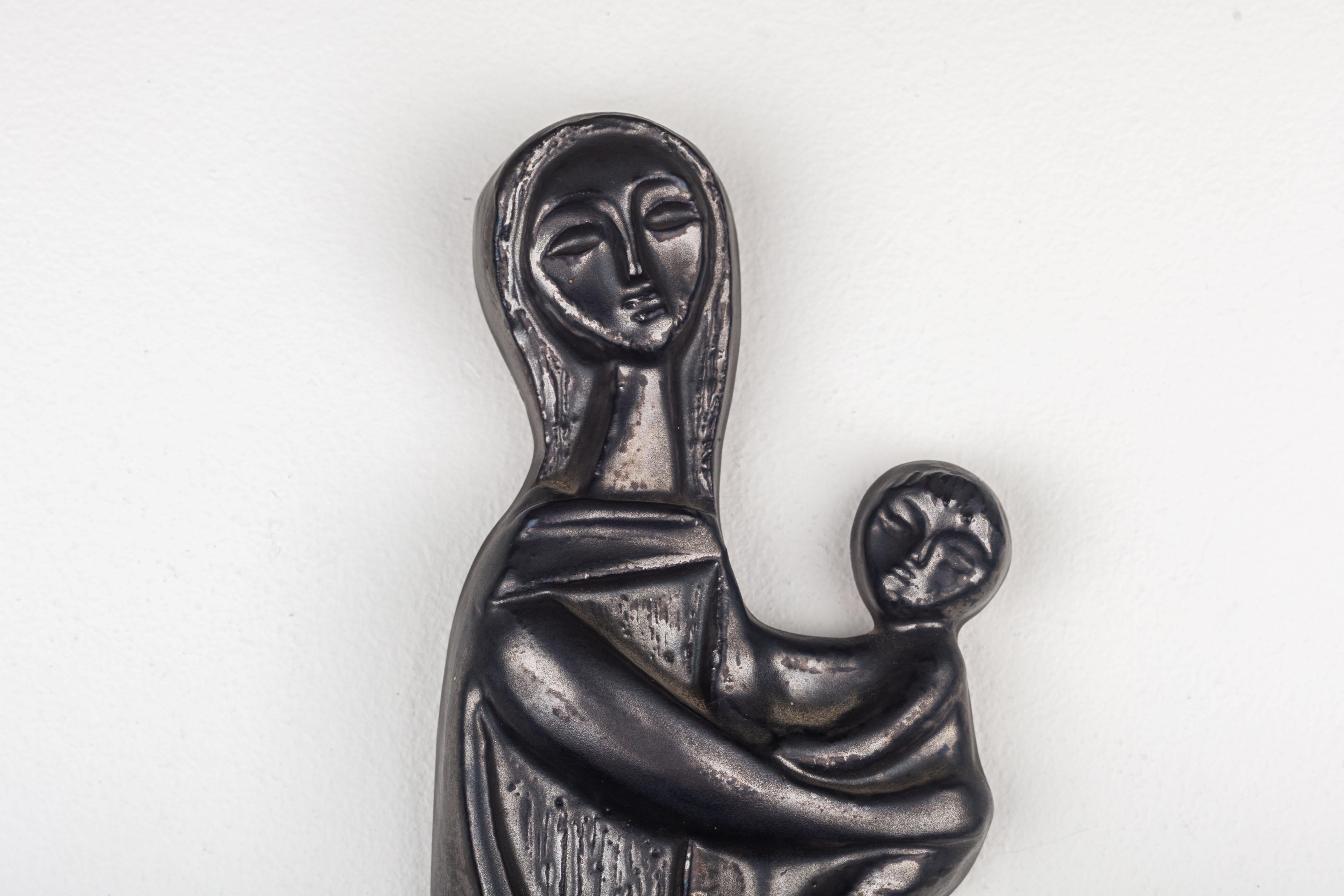 Ceramic Religious Modernist Wall Art, Pewter Colored Virgin Mary and Child  For Sale 6