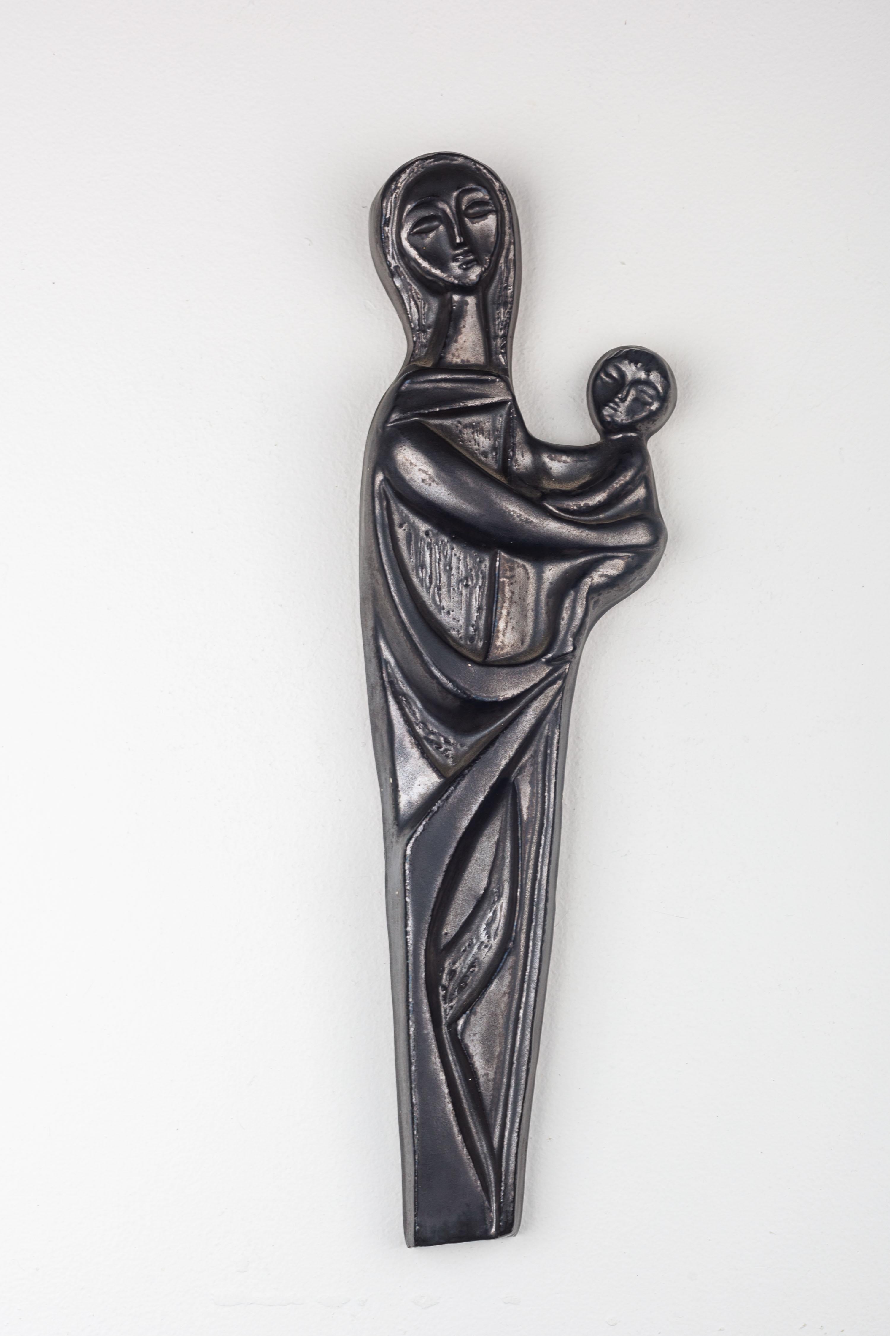 Ceramic Religious Modernist Wall Art, Pewter Colored Virgin Mary and Child  For Sale 7