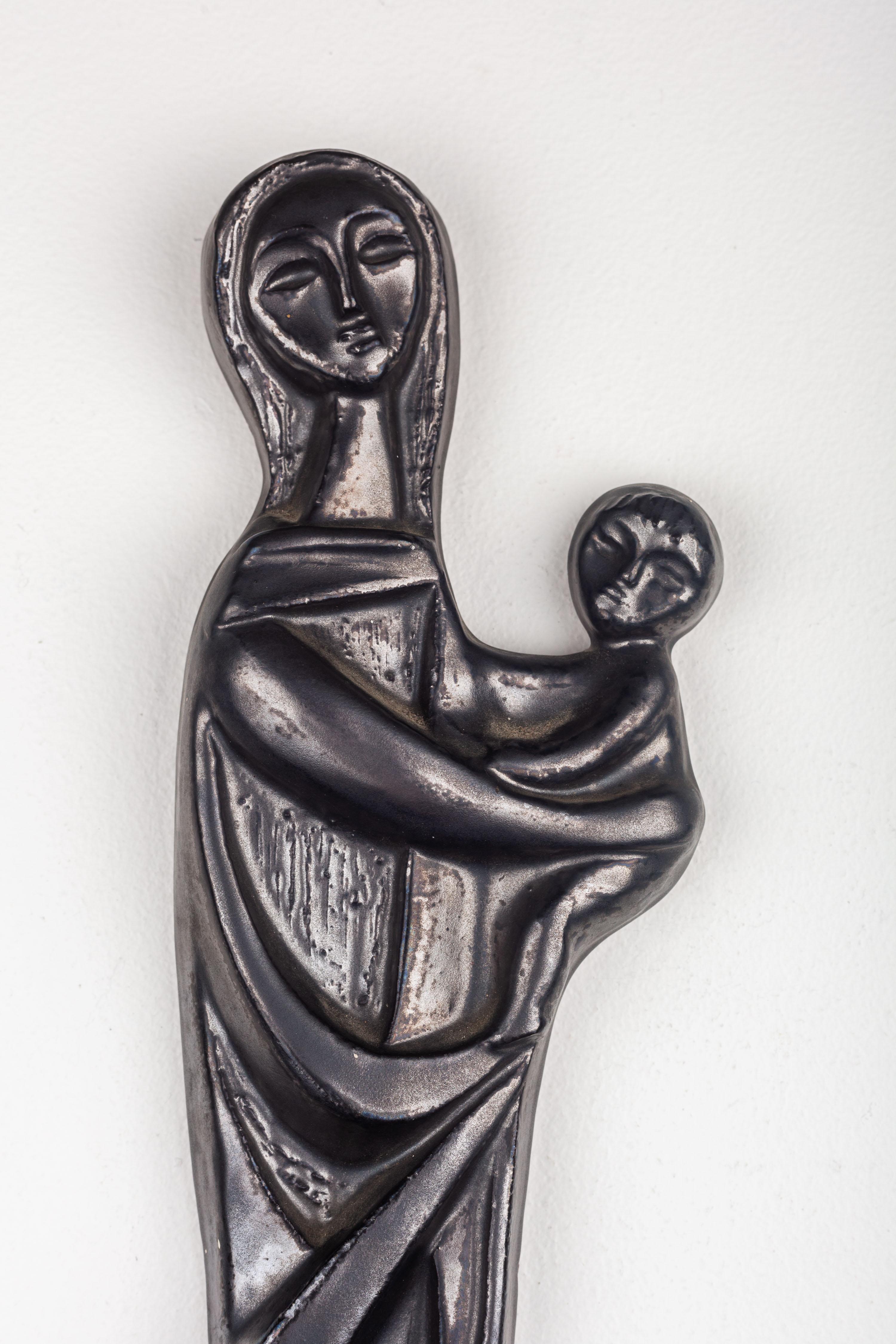 Ceramic Religious Modernist Wall Art, Pewter Colored Virgin Mary and Child  For Sale 8