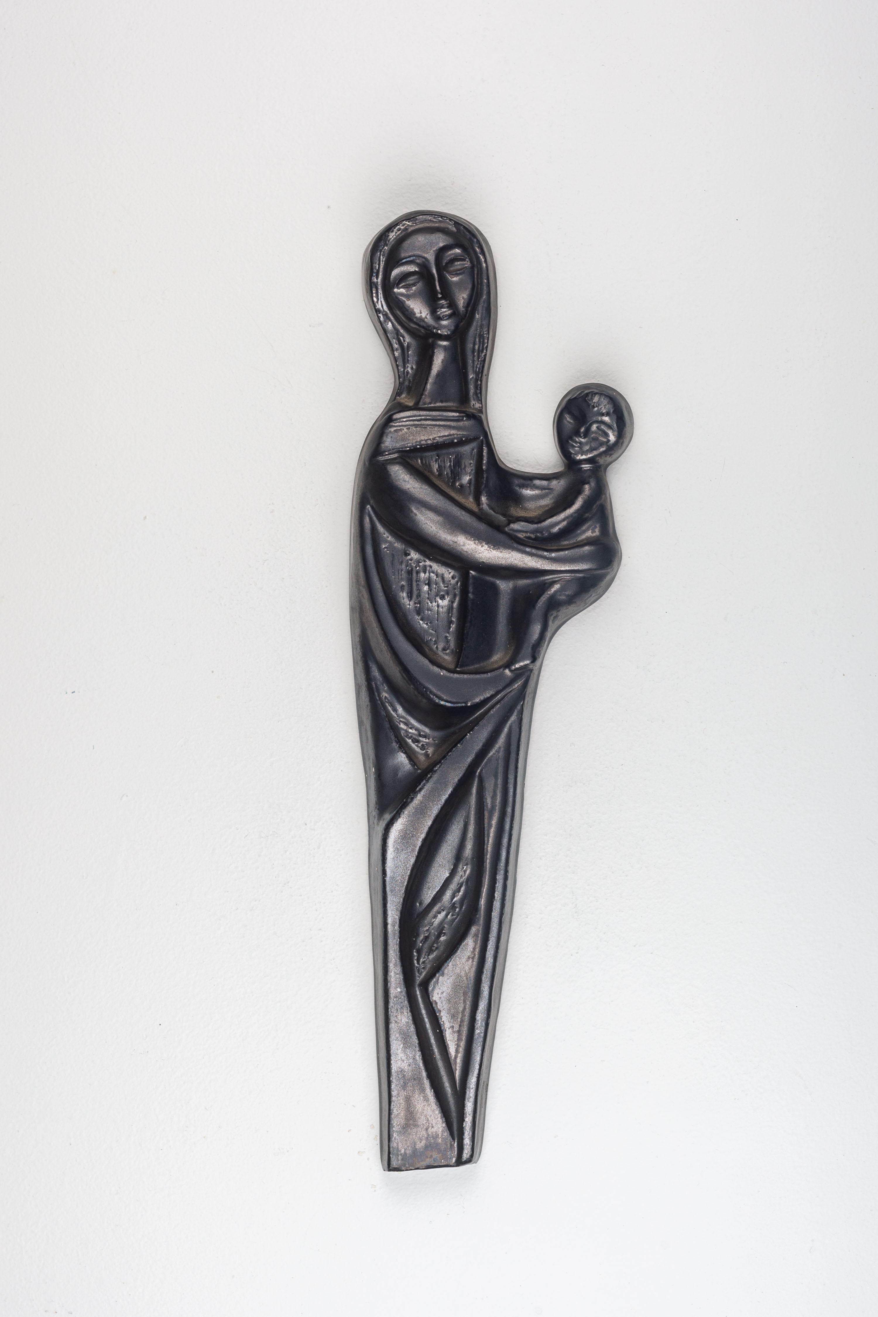 European Ceramic Religious Modernist Wall Art, Pewter Colored Virgin Mary and Child  For Sale