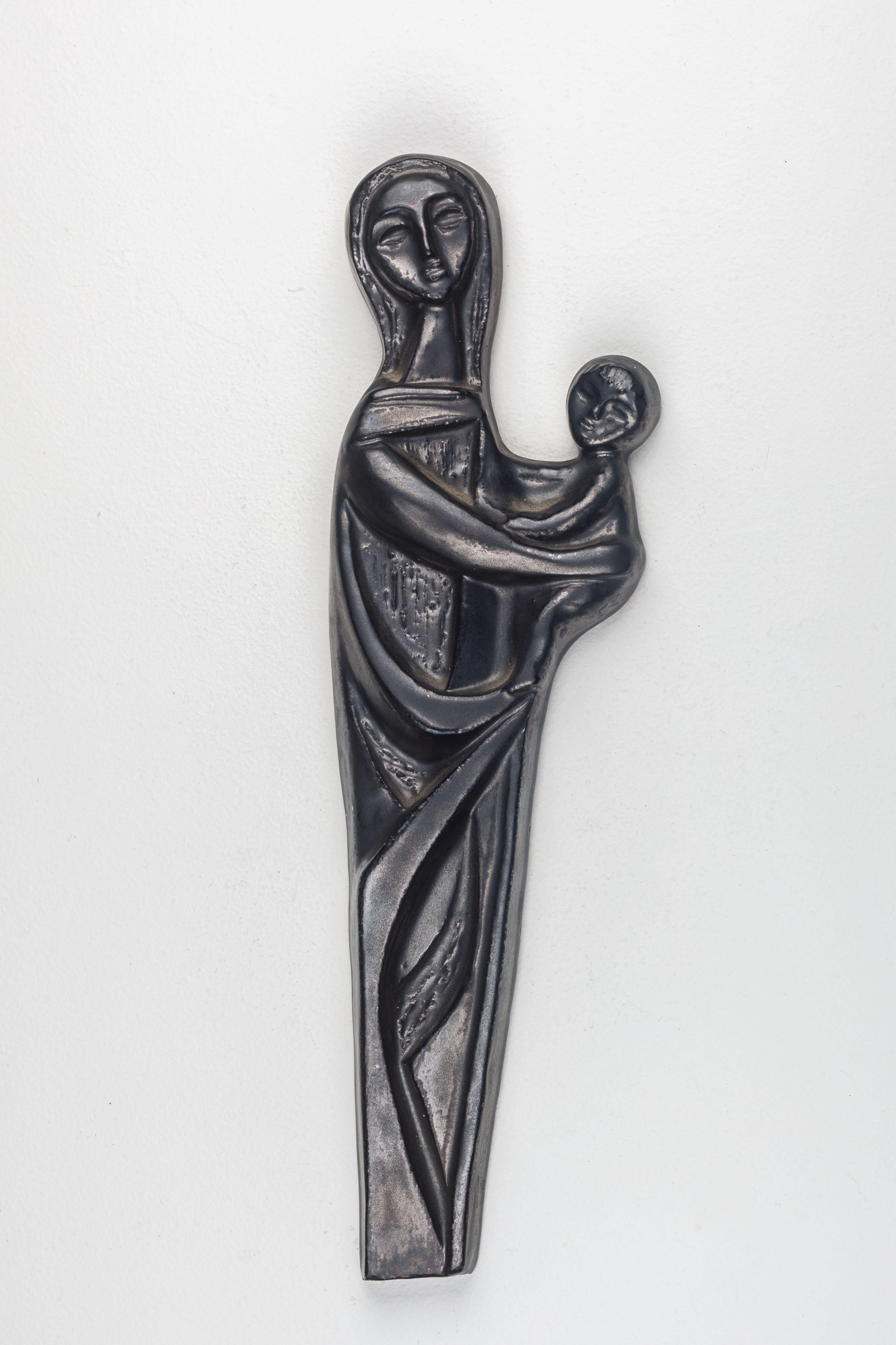 Ceramic Religious Modernist Wall Art, Pewter Colored Virgin Mary and Child  In Good Condition For Sale In Chicago, IL