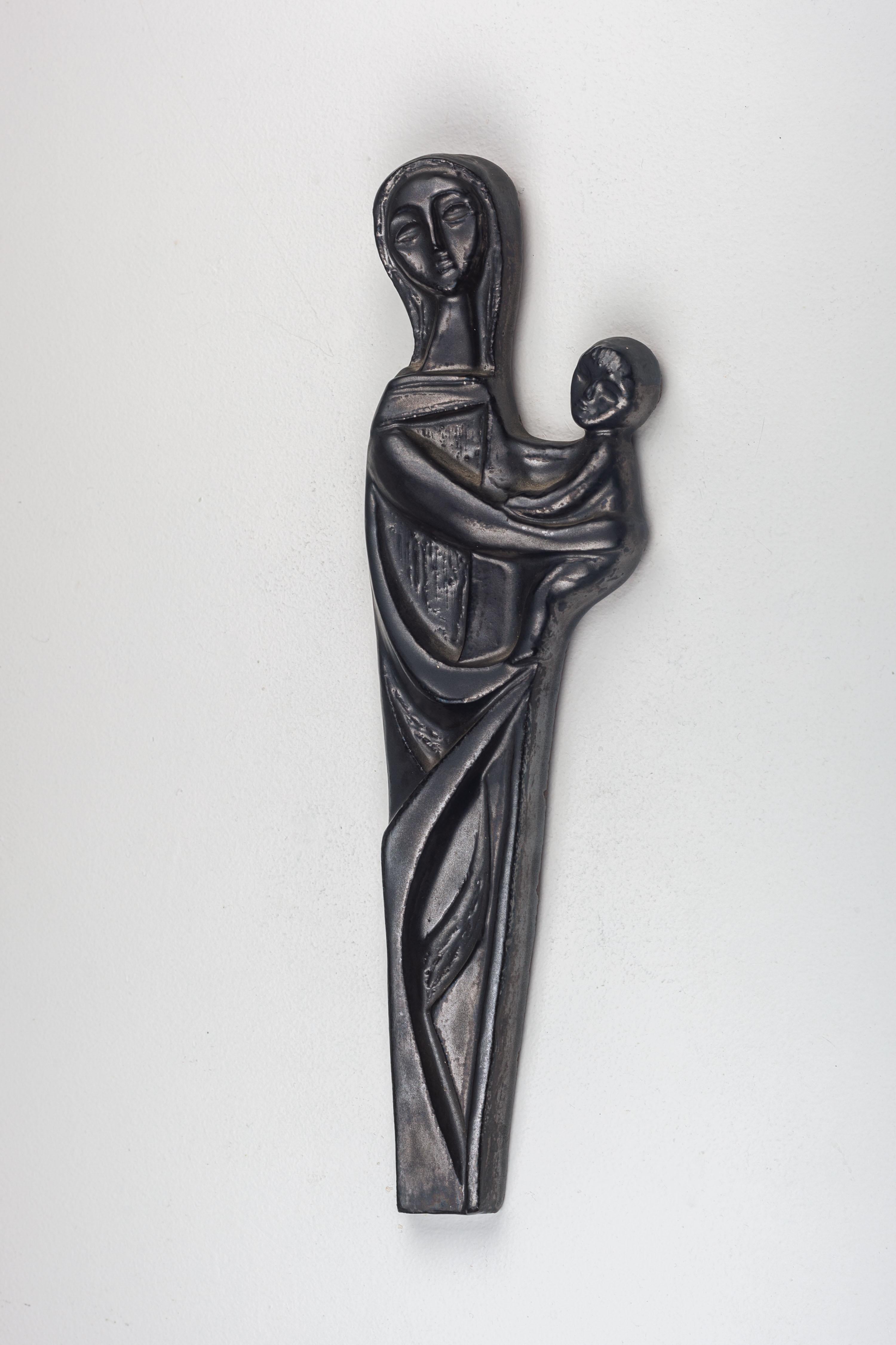 Mid-20th Century Ceramic Religious Modernist Wall Art, Pewter Colored Virgin Mary and Child  For Sale