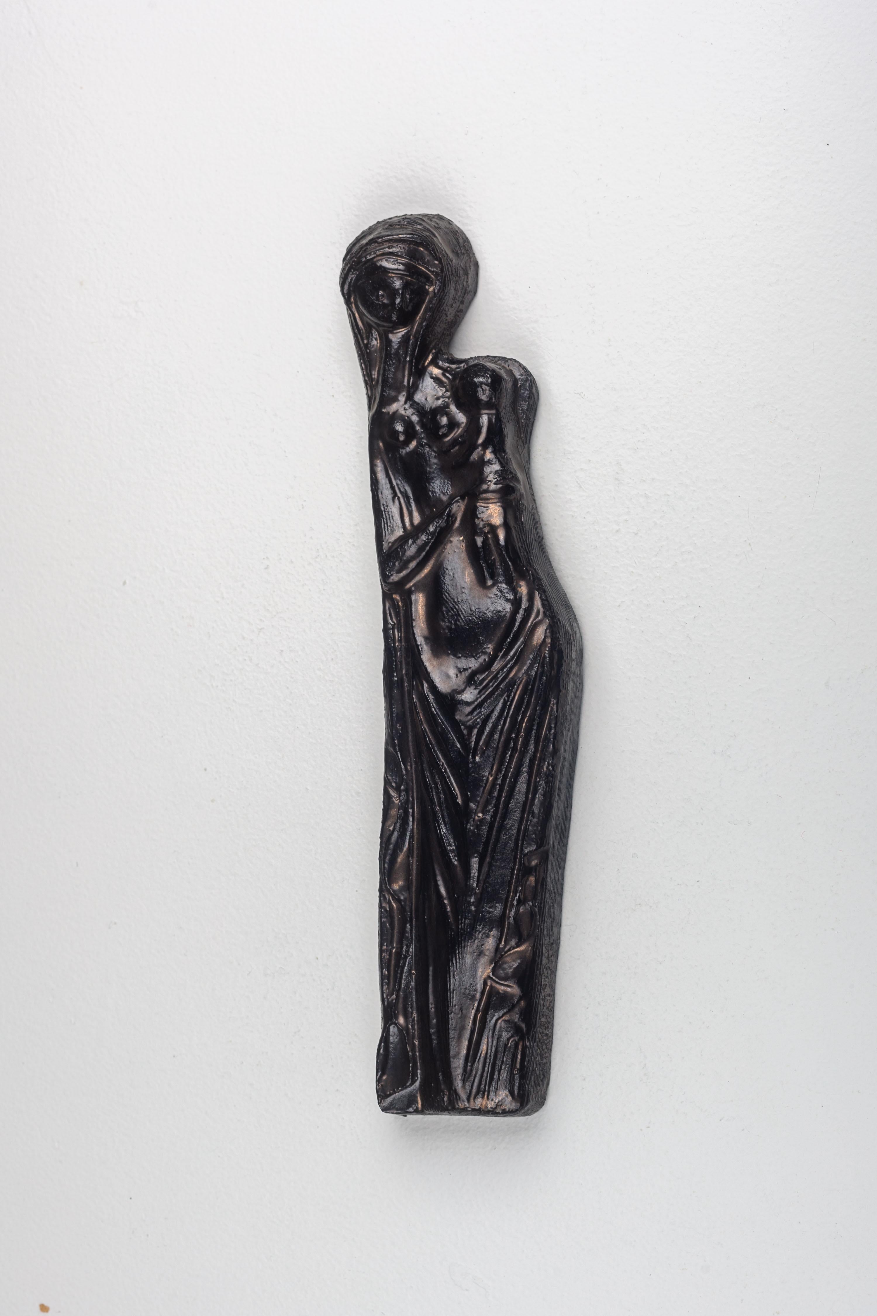 Ceramic Religious Wall Art, Black with Brown Accent Hues, Virgin Mary and Child For Sale 9