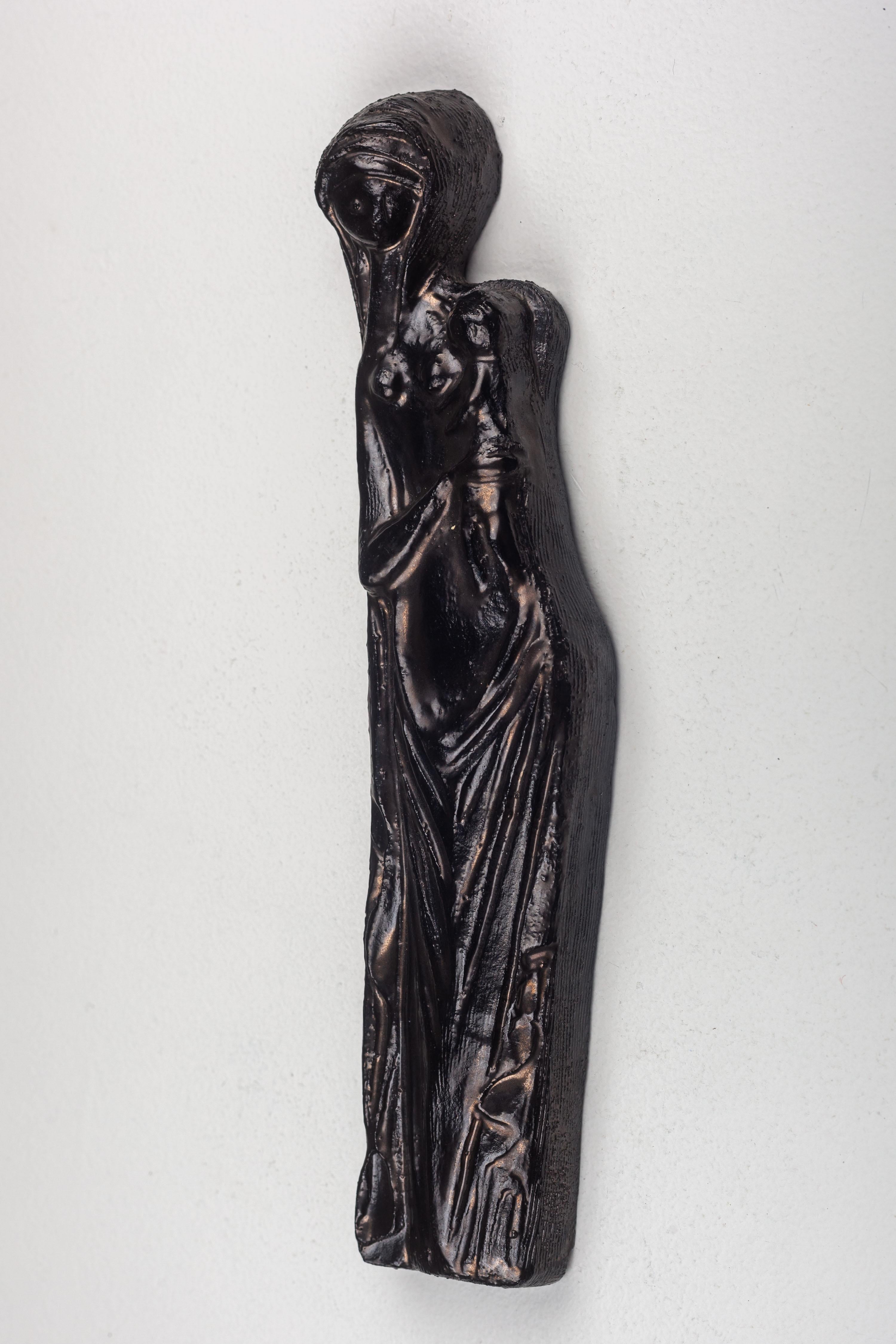 Mid-20th Century Ceramic Religious Wall Art, Black with Brown Accent Hues, Virgin Mary and Child For Sale