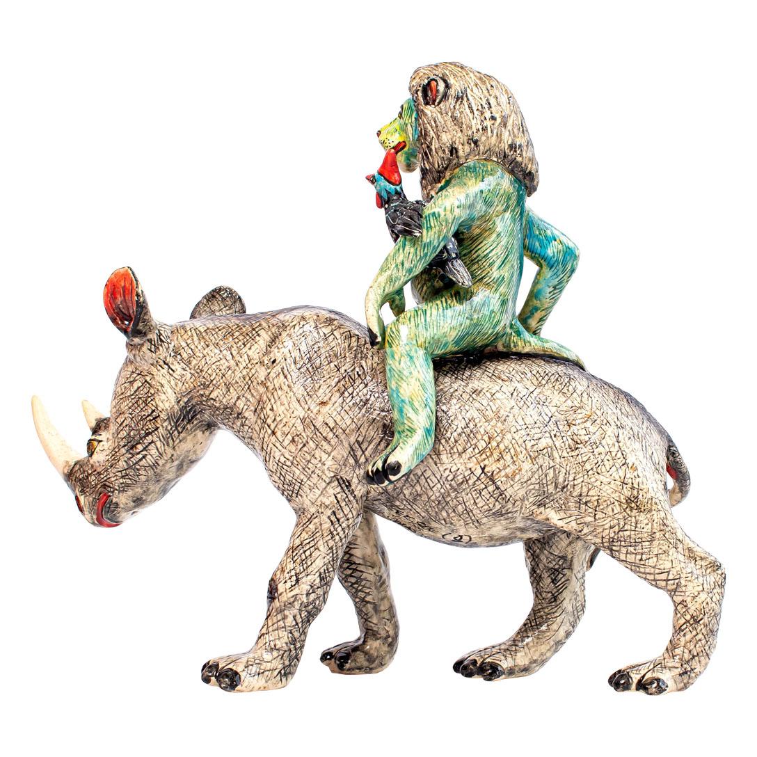 Keramik Rhino und blauer Löwenreiter aus Keramik, Hand  Hergestellt in Südafrika (Moderne)