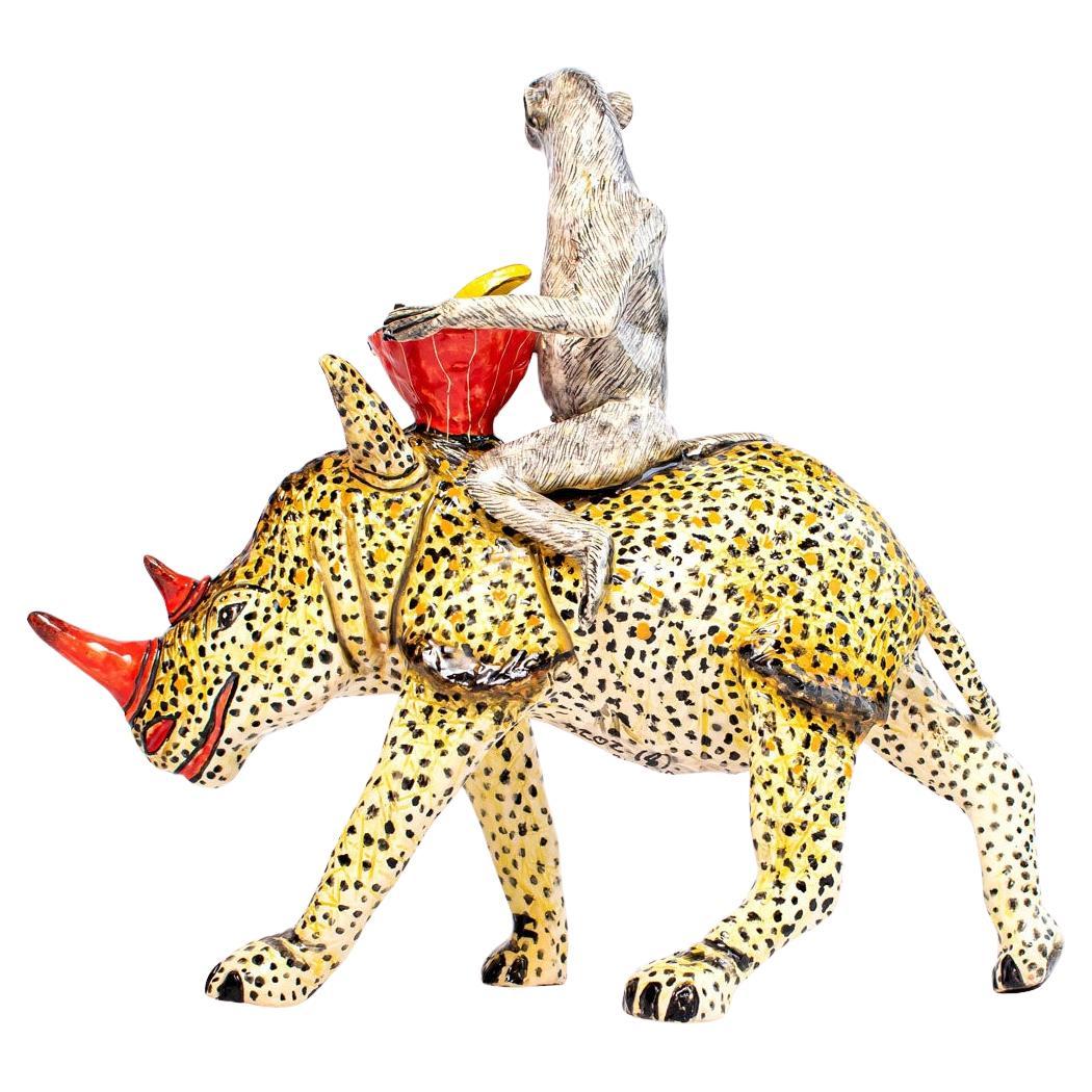 Ceramic  Rhino And Monkey Rider, Hand  made in South Africa