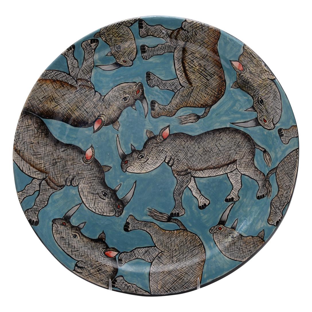 Modern Ceramic Rhinos Plate, Hand  made in South Africa For Sale