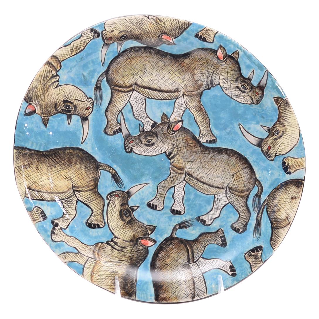 Fired Ceramic Rhinos Plate, Hand  made in South Africa For Sale