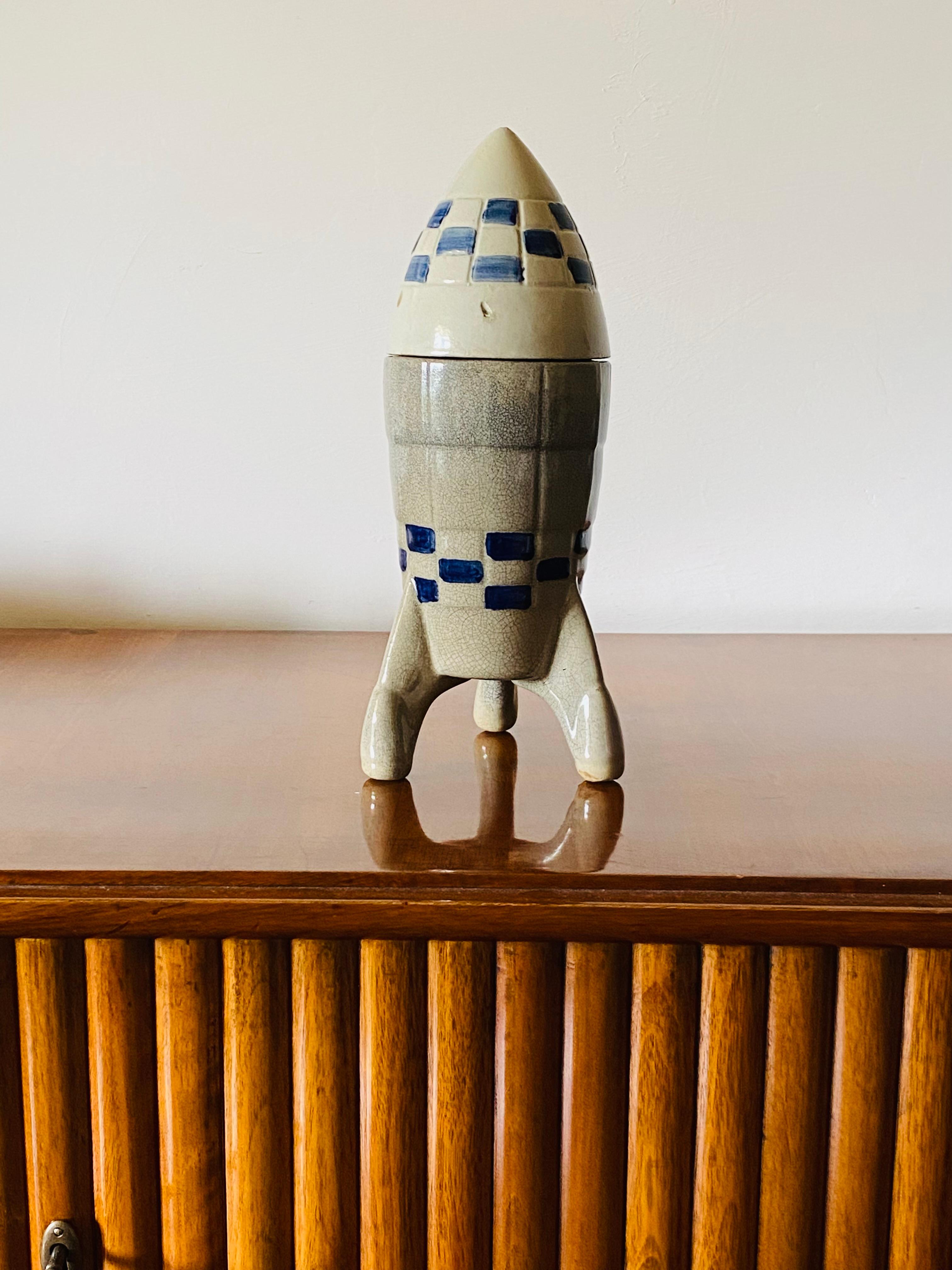 Mid-Century Modern Ceramic Rocket / Spaceship Bottle / Decanter, France, 1940s-1950s For Sale