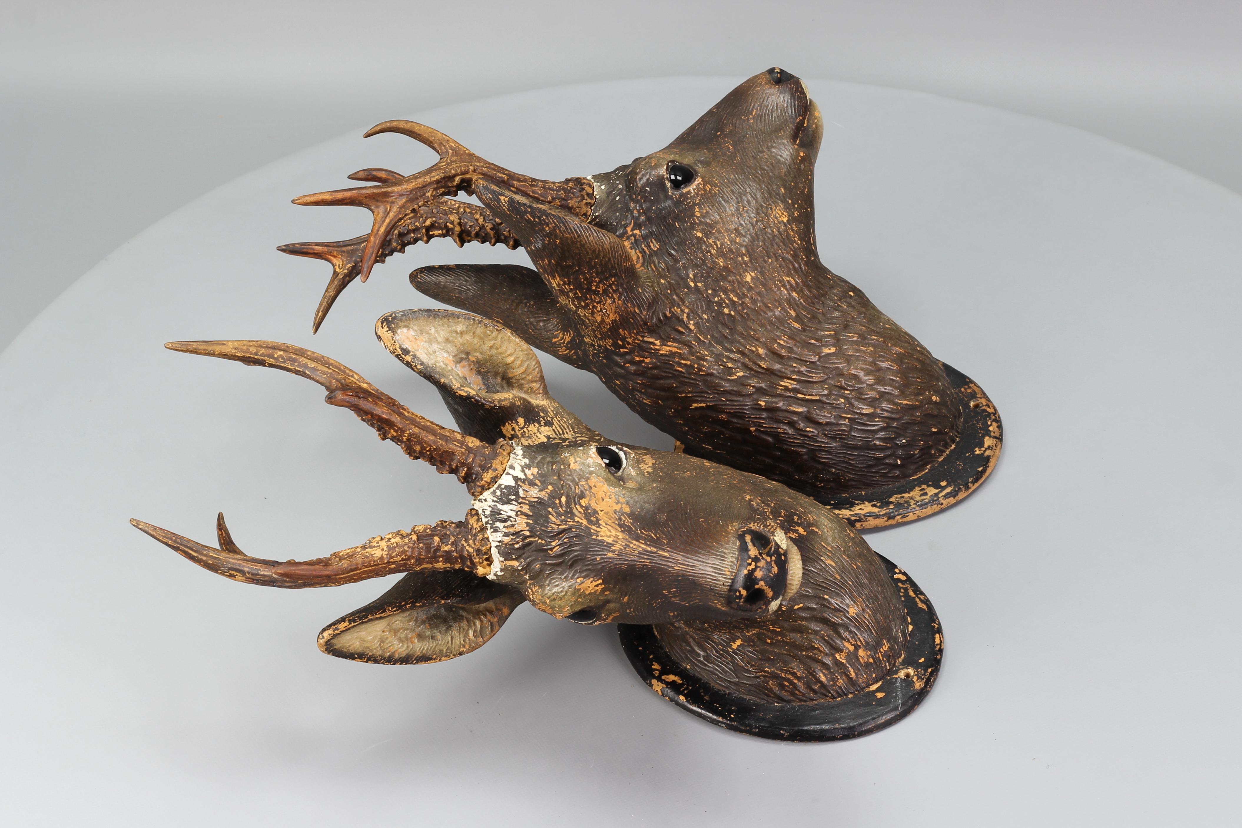 Black Forest Ceramic Roe Deer Heads, Wall Decoration, Germany, 1930s, Set of Two