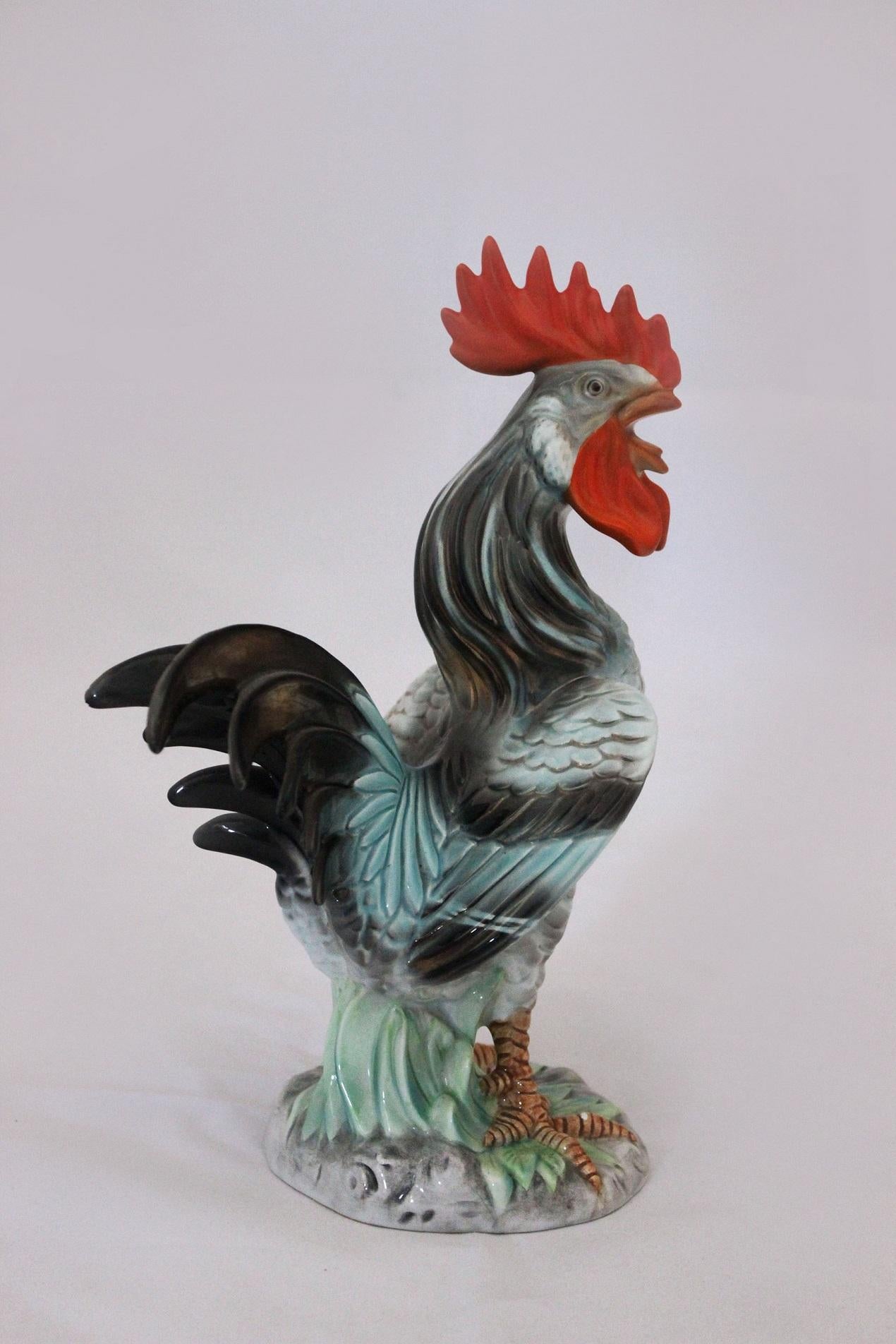Italian Ceramic Rooster Sculpture by Ronza, 1940 For Sale