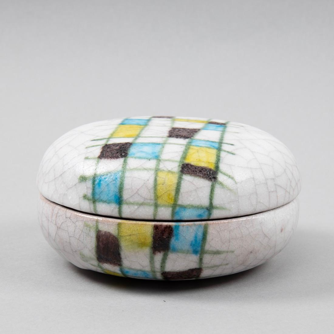 Mid-20th Century Ceramic Round Lided Box by Guido Gambone Abstract Hand Painted Decor