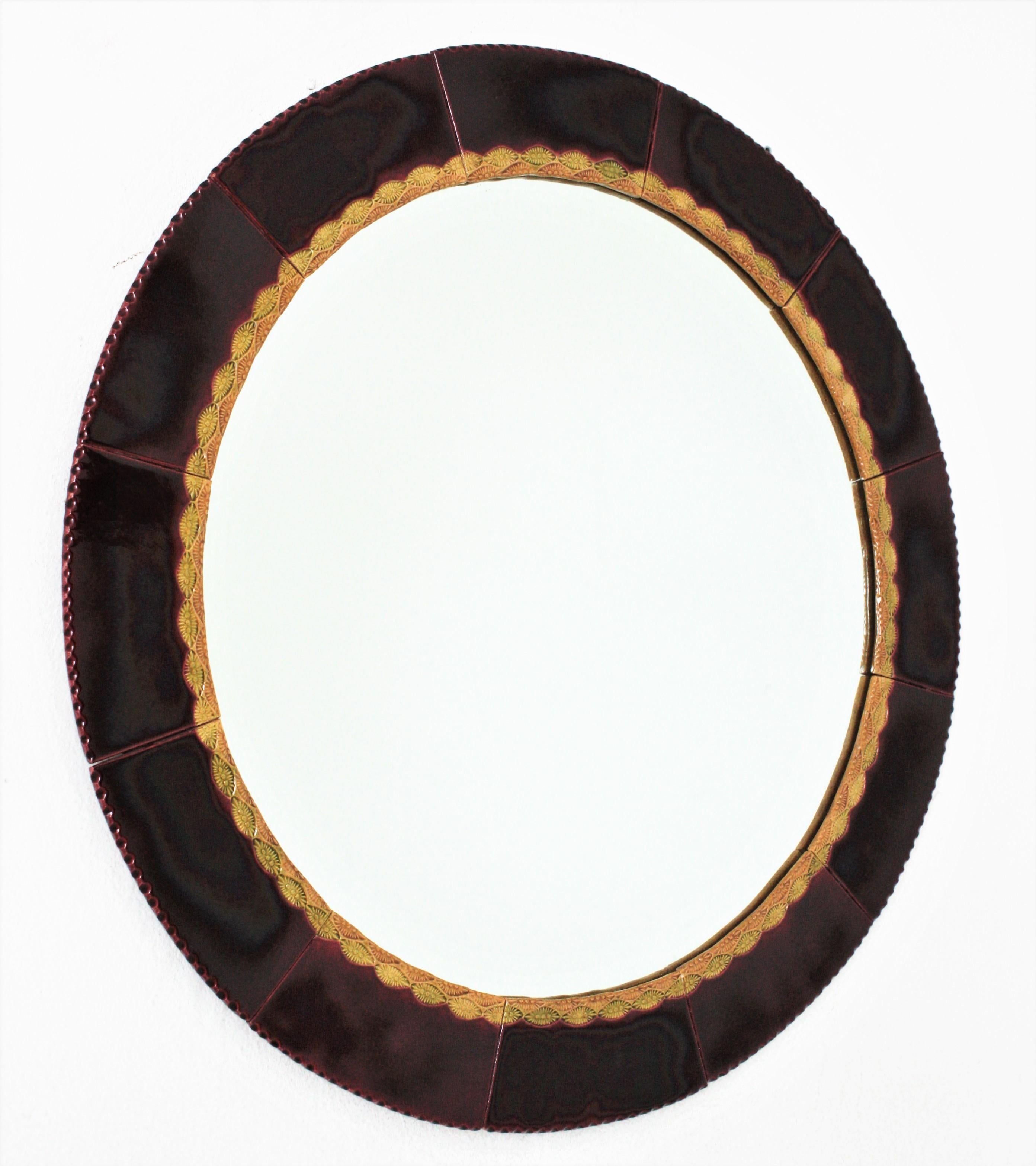 Mid-Century Modern Ceramic Round Mirror, Spain, 1960s