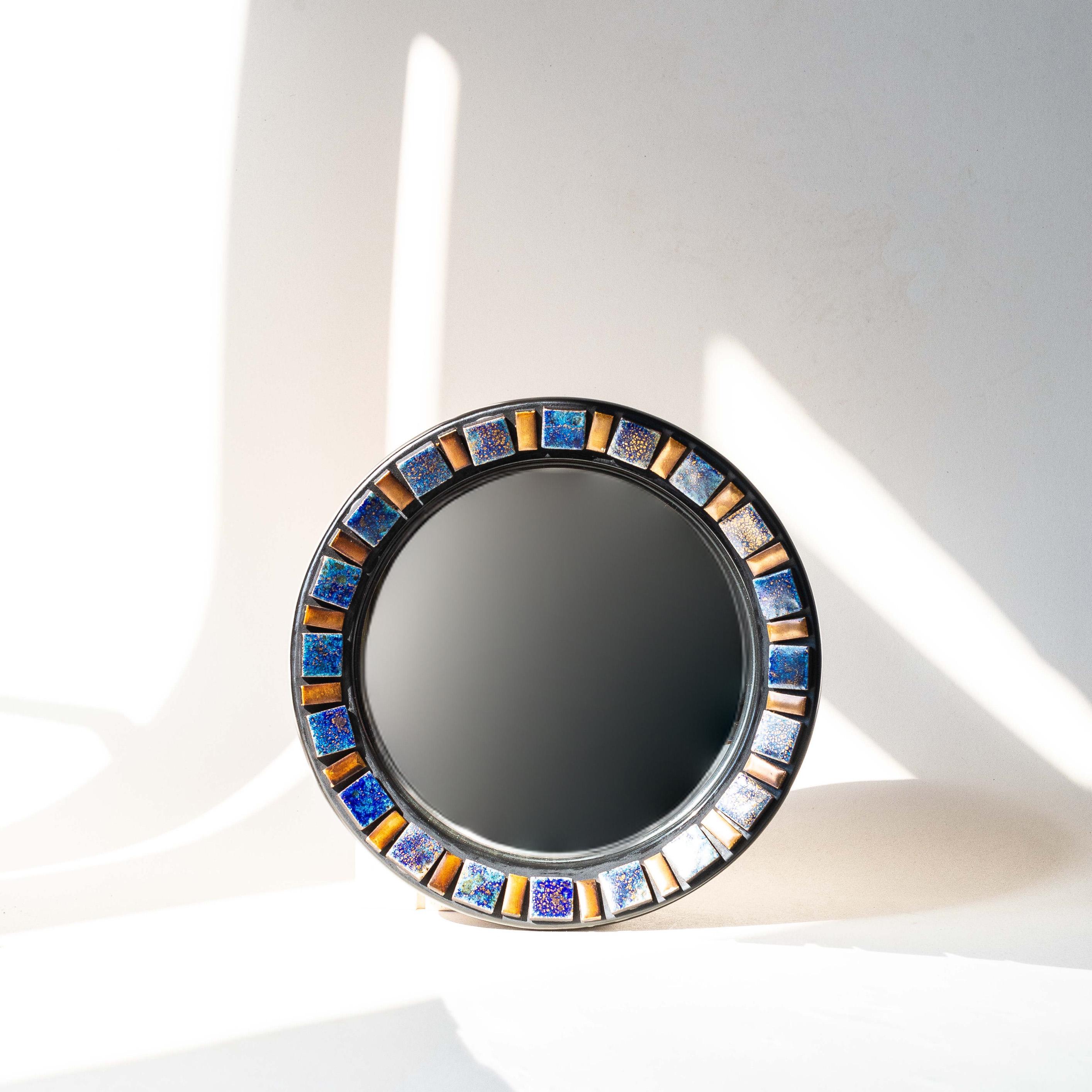 Mid-Century Modern Ceramic Round Wall Mirror, Convex Glass, Belgium 1970s