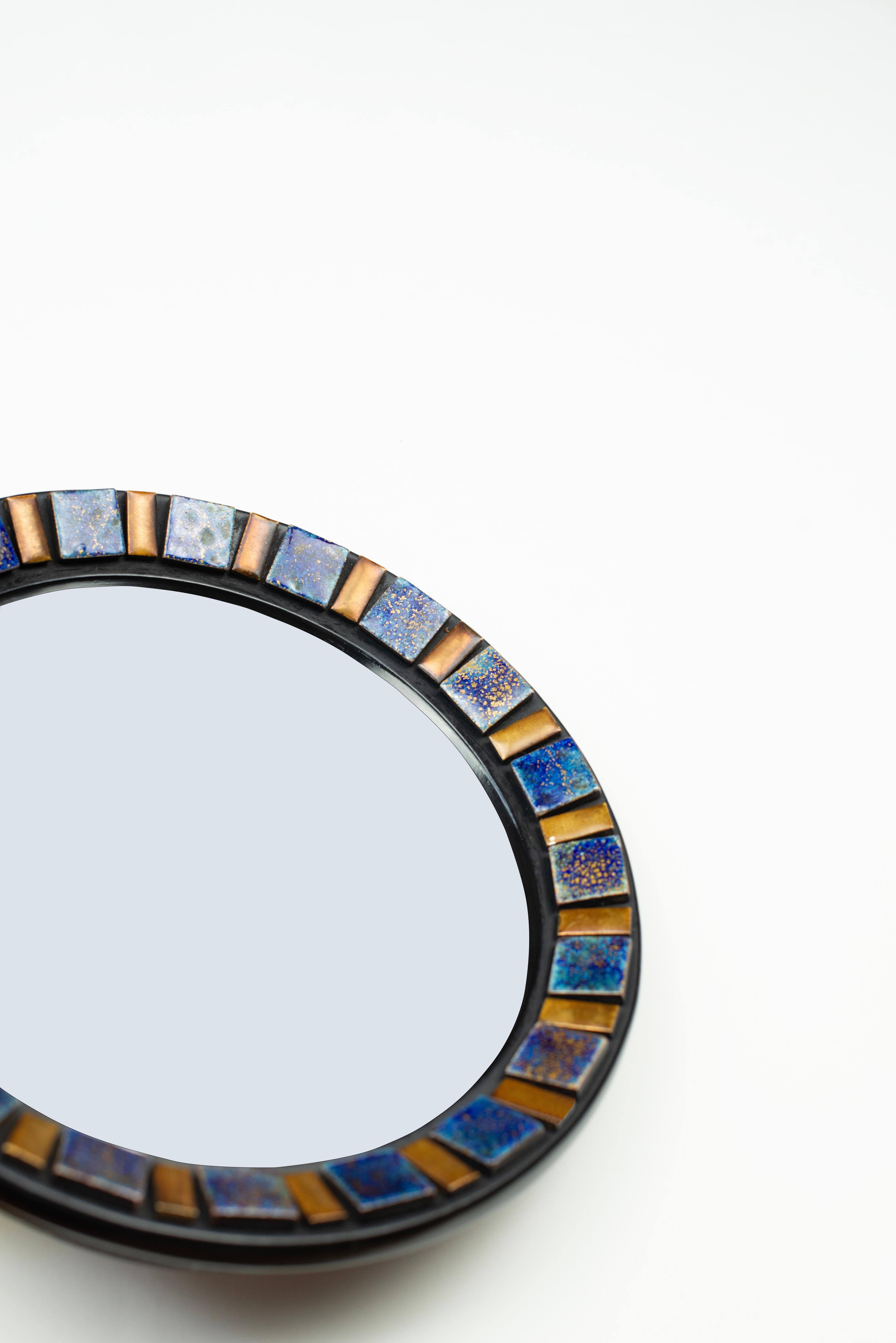 Belgian Ceramic Round Wall Mirror, Convex Glass, Belgium 1970s