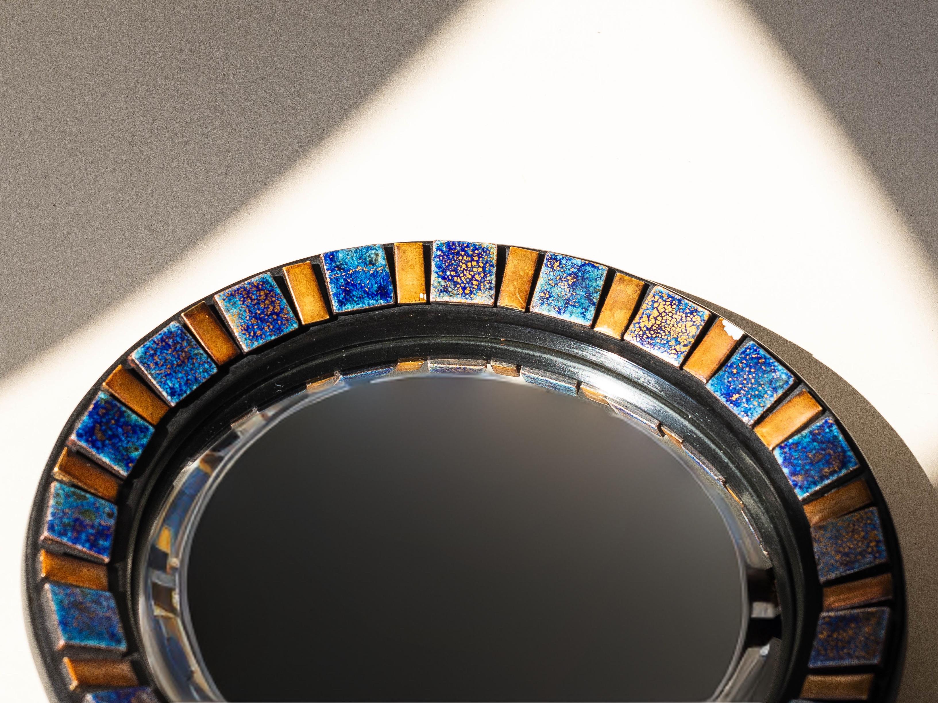 20th Century Ceramic Round Wall Mirror, Convex Glass, Belgium 1970s