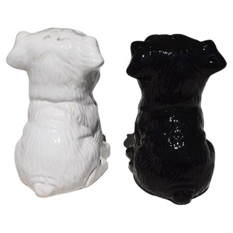 Ceramic Salt and Pepper Dog Shakers in Black and White, A Pair For Sale