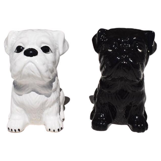 Hollywood Regency Ceramic Salt and Pepper Dog Shakers in Black and White, A Pair For Sale