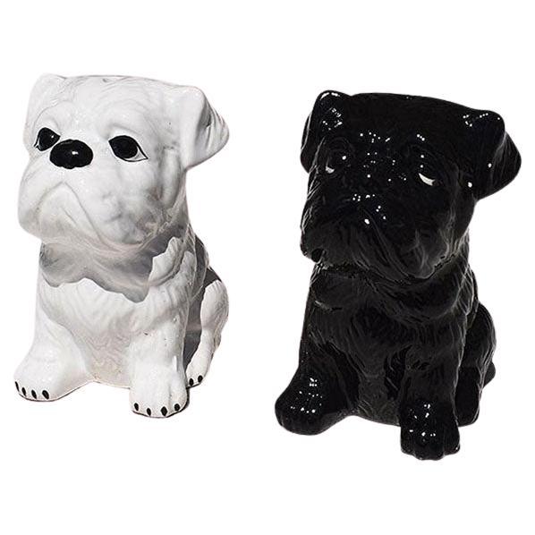 Ceramic Salt and Pepper Dog Shakers in Black and White, A Pair For Sale