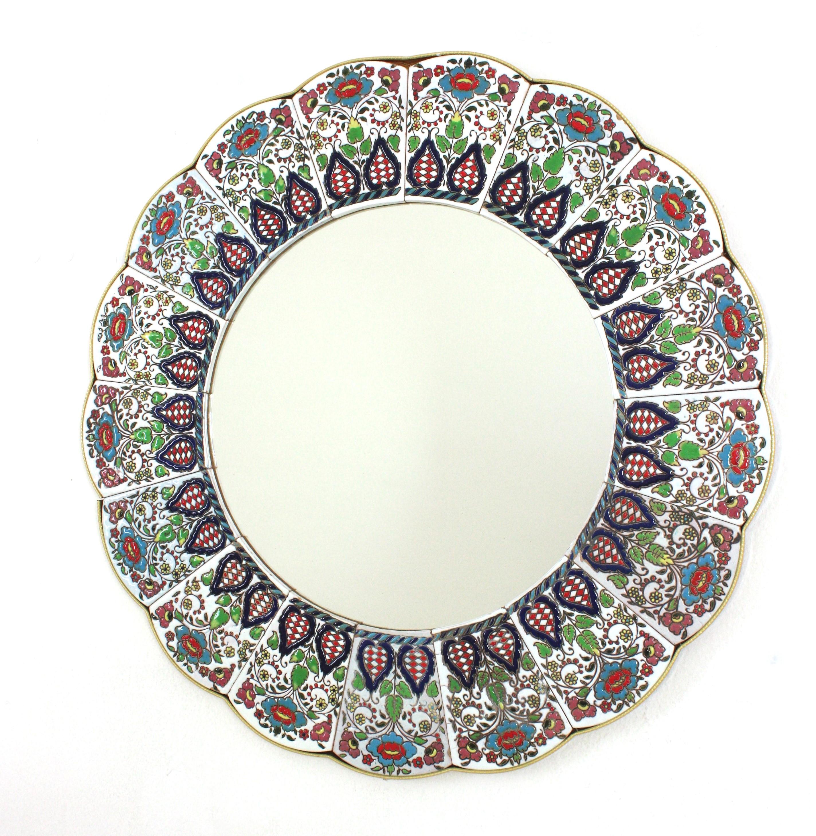 Ceramic Scalloped Mirror with Hand Painted Multi Color Foliage Floral Frame For Sale 3