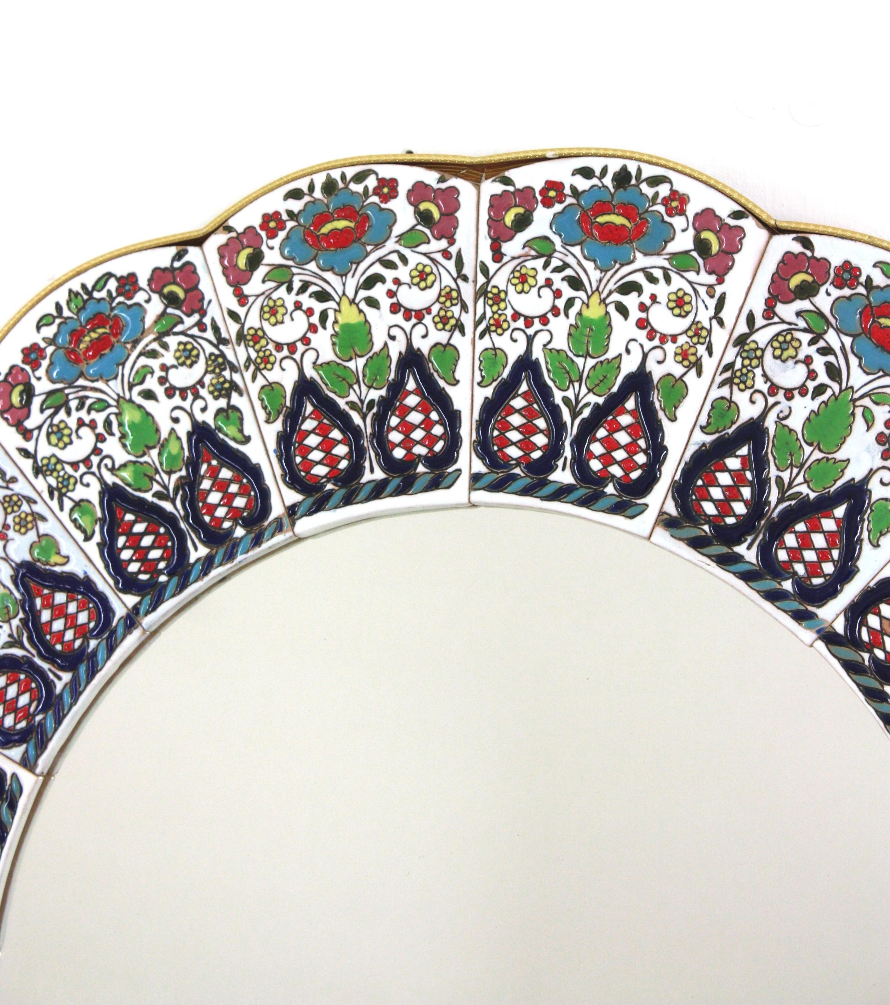 Ceramic Scalloped Mirror with Hand Painted Multi Color Foliage Floral Frame For Sale 4