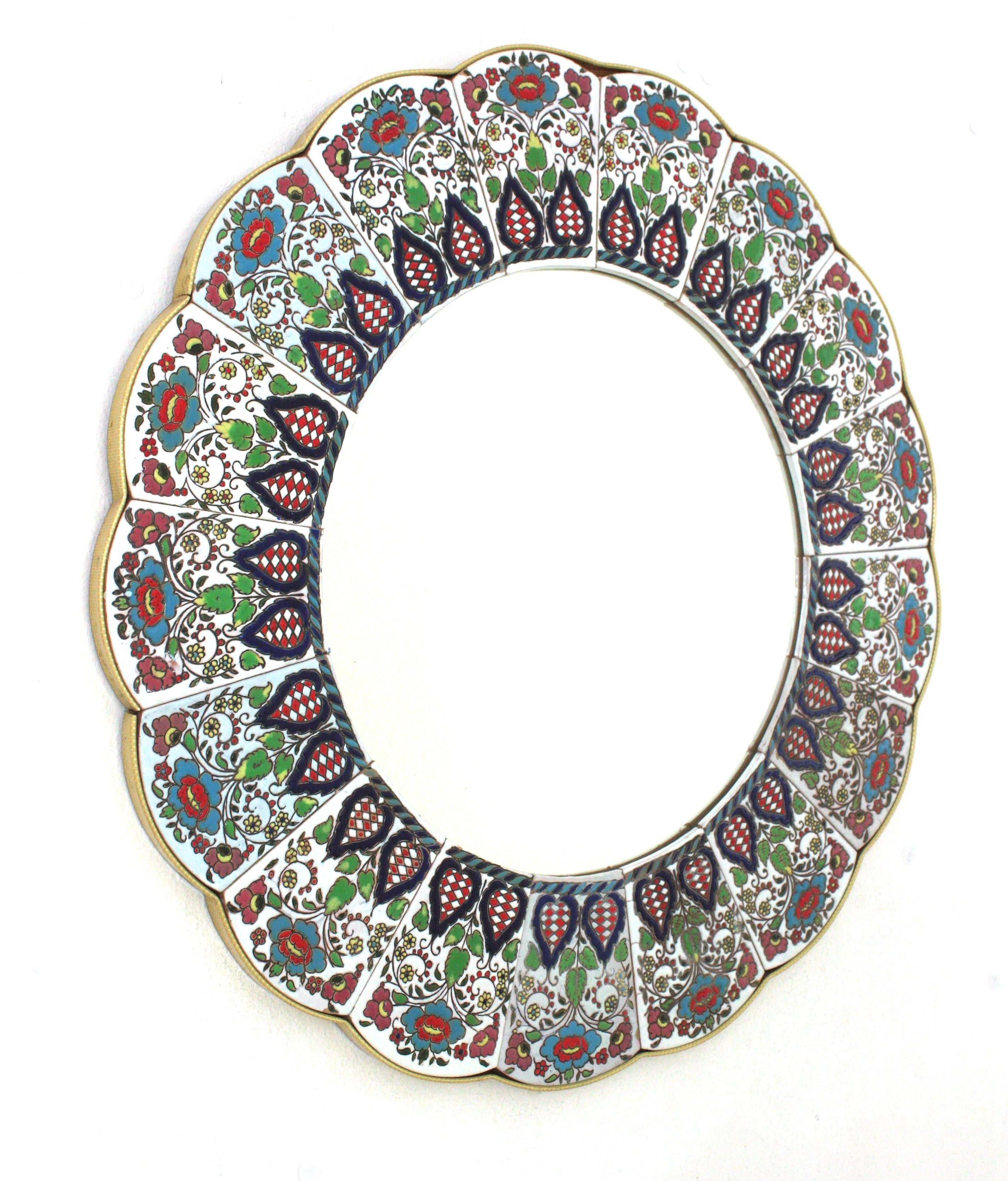 Mid-Century Modern Ceramic Scalloped Mirror with Hand Painted Multi Color Foliage Floral Frame For Sale