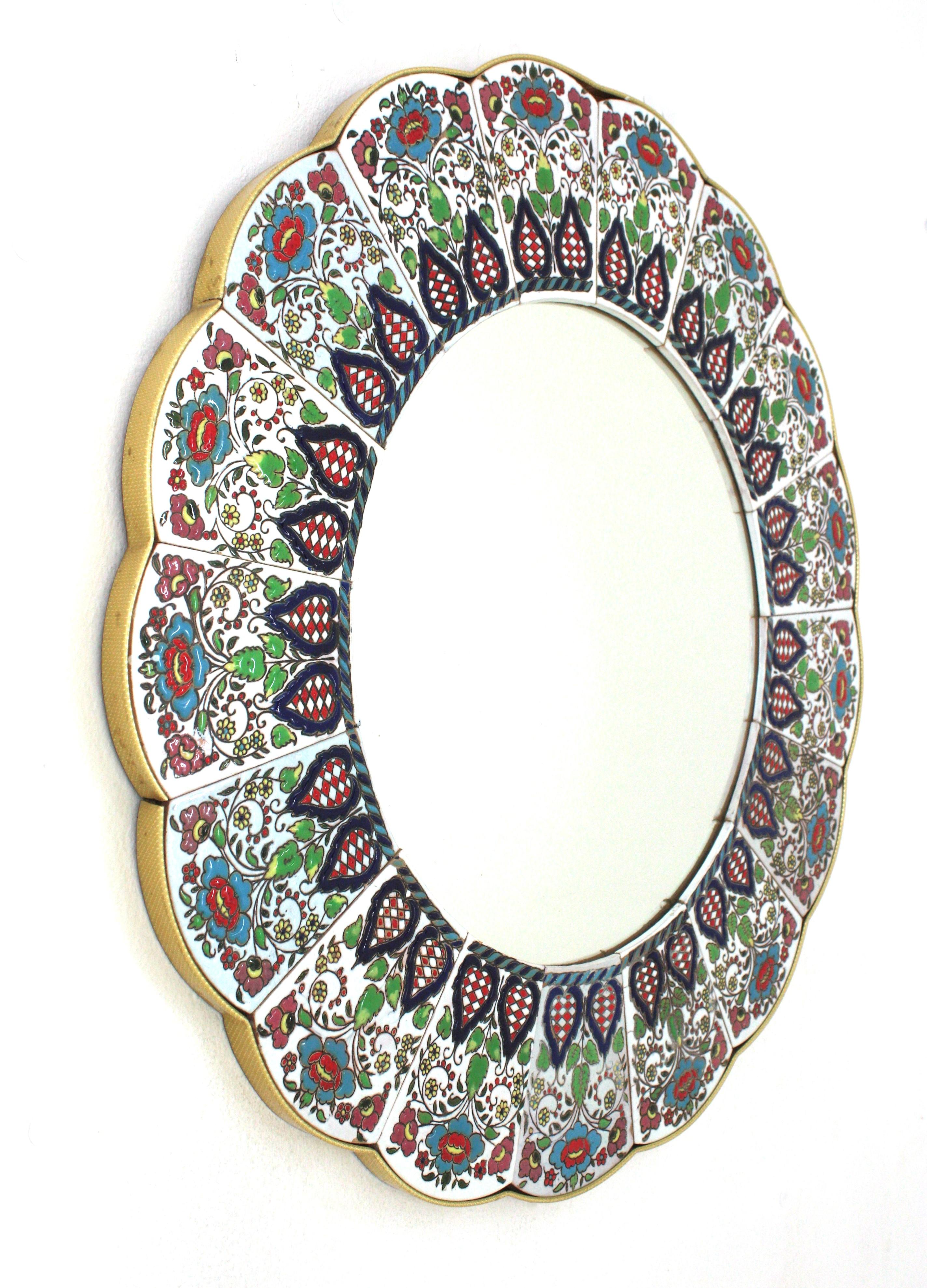 Spanish Ceramic Scalloped Mirror with Hand Painted Multi Color Foliage Floral Frame For Sale