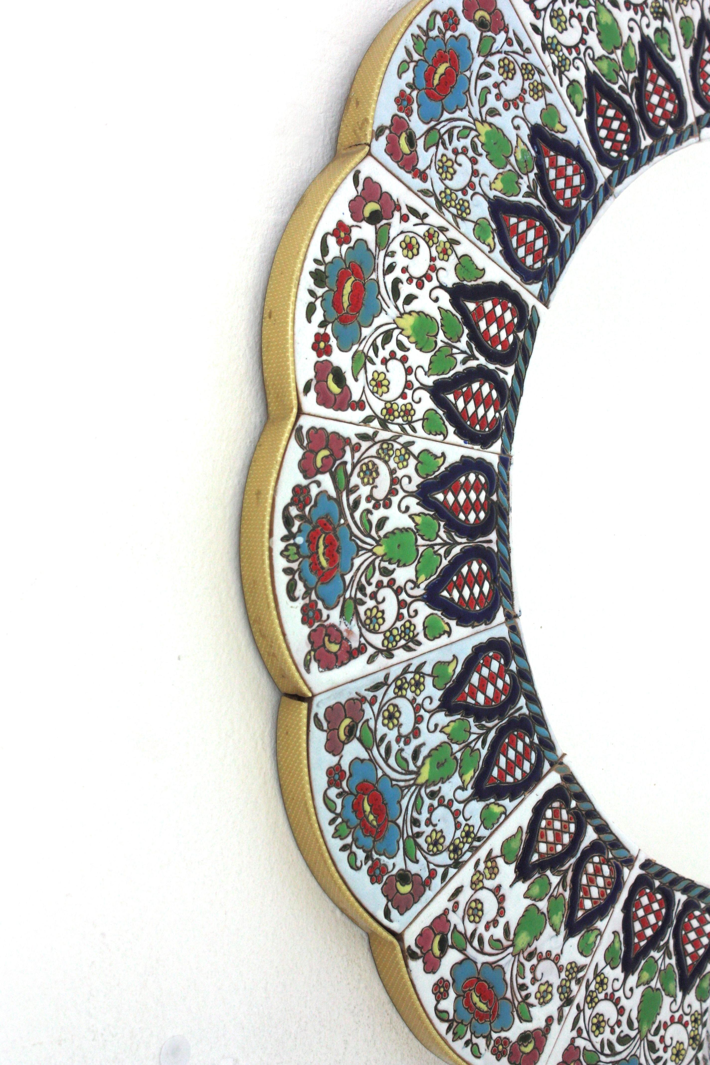 Glazed Ceramic Scalloped Mirror with Hand Painted Multi Color Foliage Floral Frame For Sale