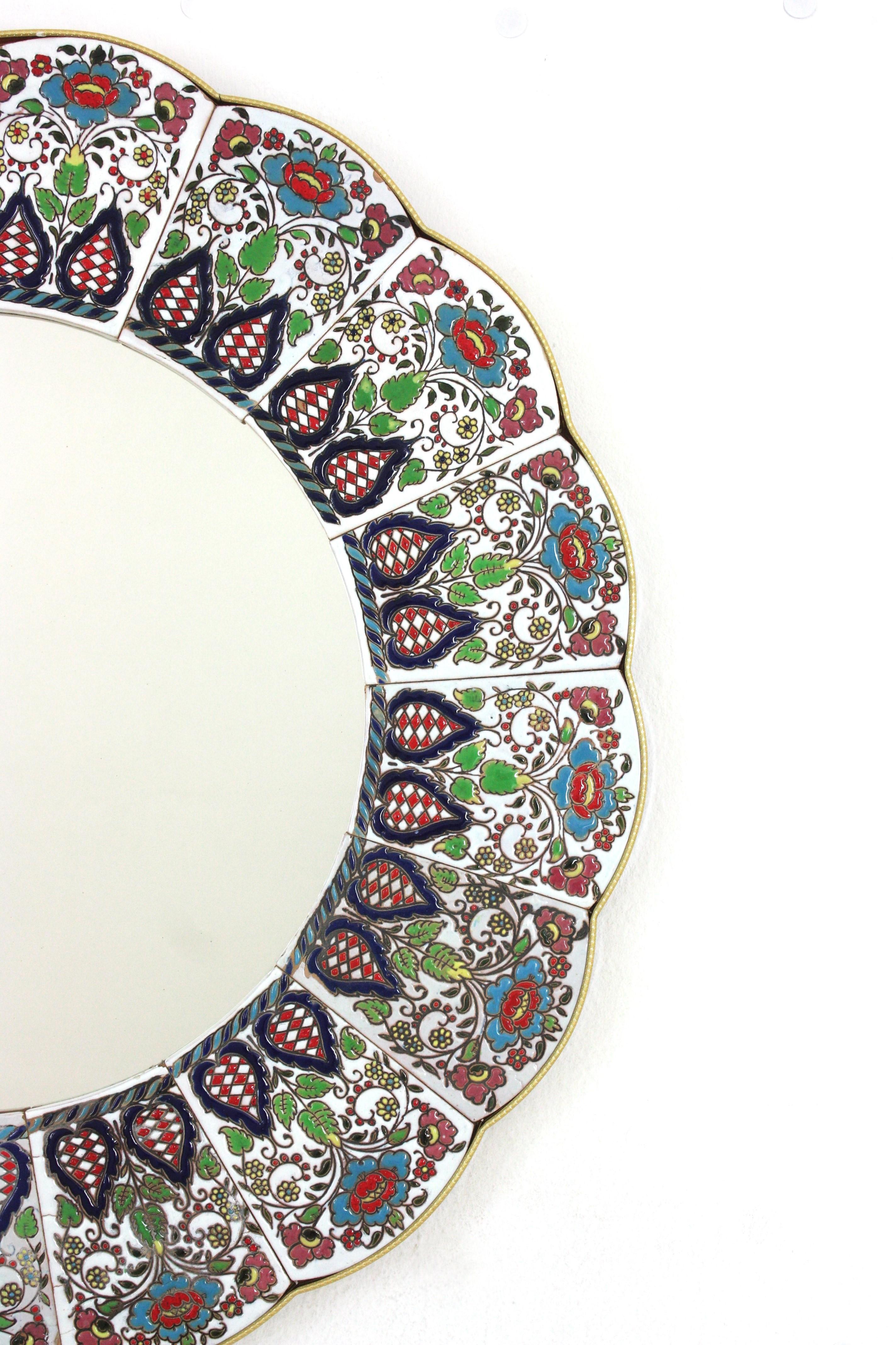 20th Century Ceramic Scalloped Mirror with Hand Painted Multi Color Foliage Floral Frame For Sale