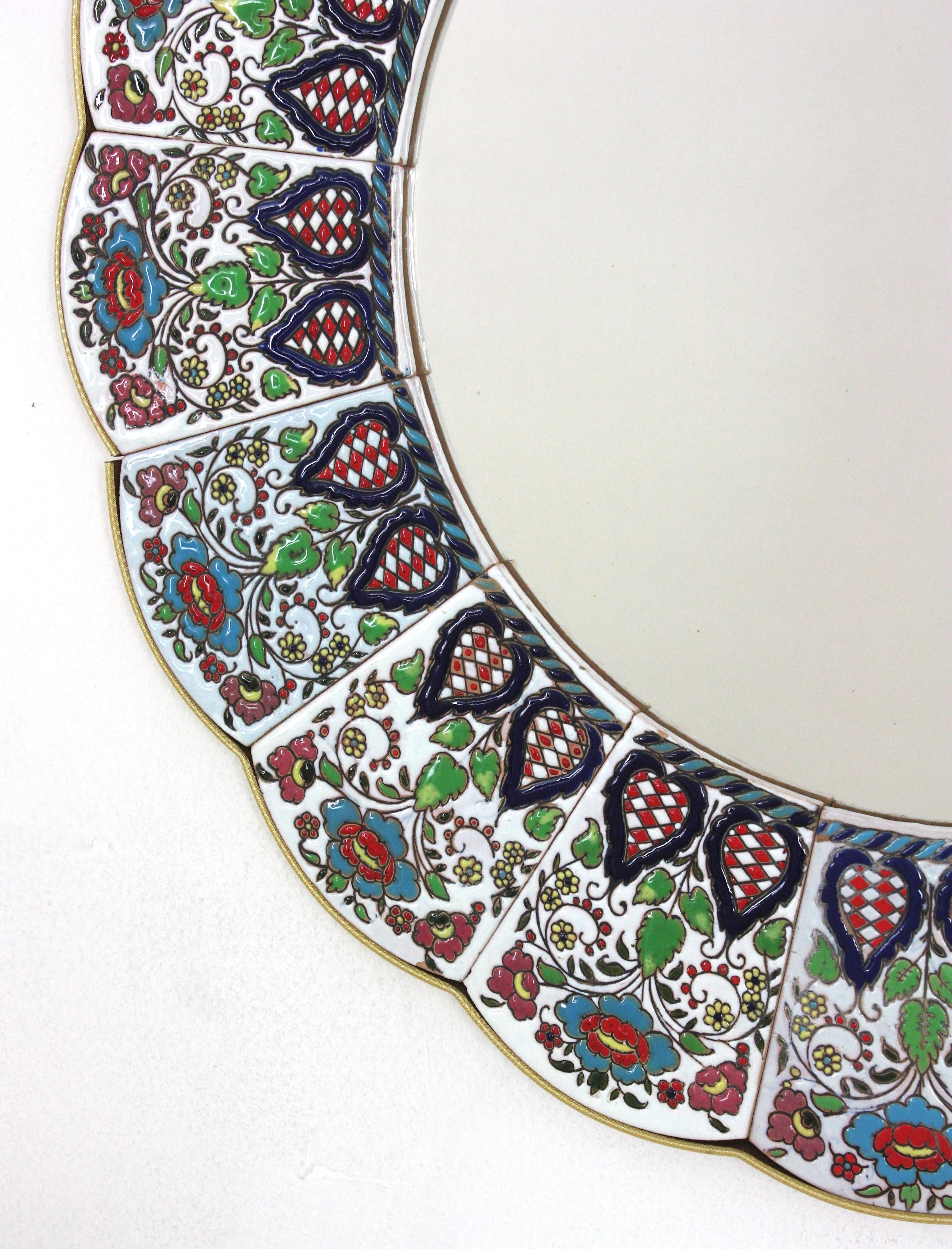 Ceramic Scalloped Mirror with Hand Painted Multi Color Foliage Floral Frame For Sale 2