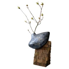 Ceramic Unique Sculptural Vase Oak Wood Base Gonta 2 by Voznicki