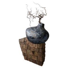 Ceramic Unique Sculptural Vase Oak Wood Base Gonta by Voznicki