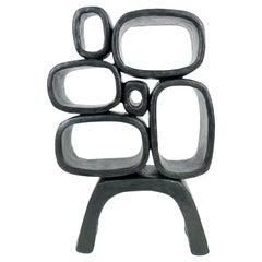 Ceramic Sculpture, 6 Hollow Rings on Angled Legs, Black with Metallic Specks
