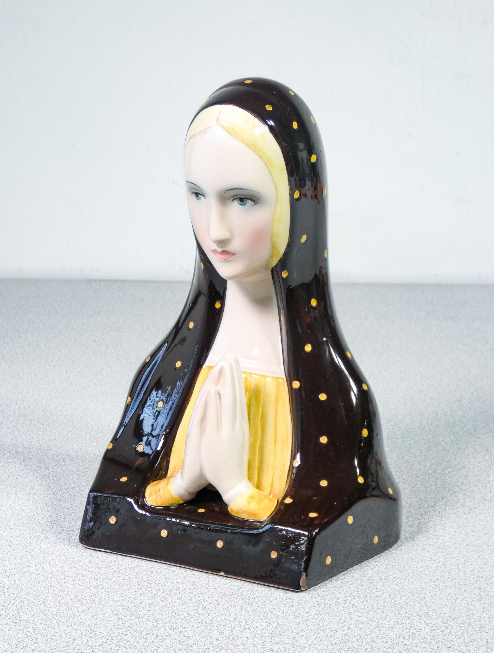 Italian Ceramic Sculpture by Paola Bologna for Lenci, Holy Mary, Turin Italy, 1930s