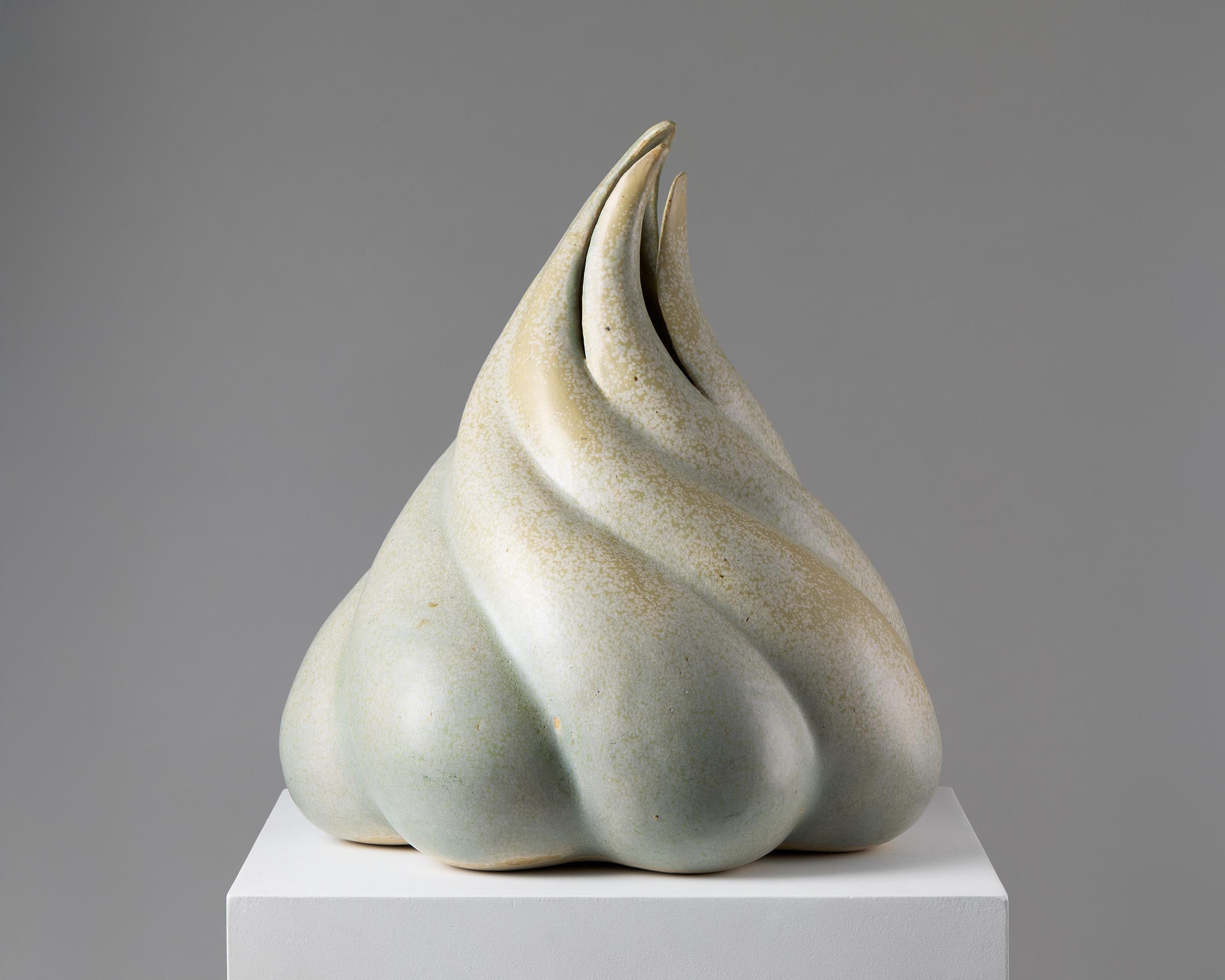 Large ceramic sculpture by Margit Plougstrup, Denmark, 2000s. Handcrafted in earthenware with a soft, speckled glaze, this exceptional piece captures the organic fluidity and sculptural precision characteristic of contemporary Scandinavian ceramic