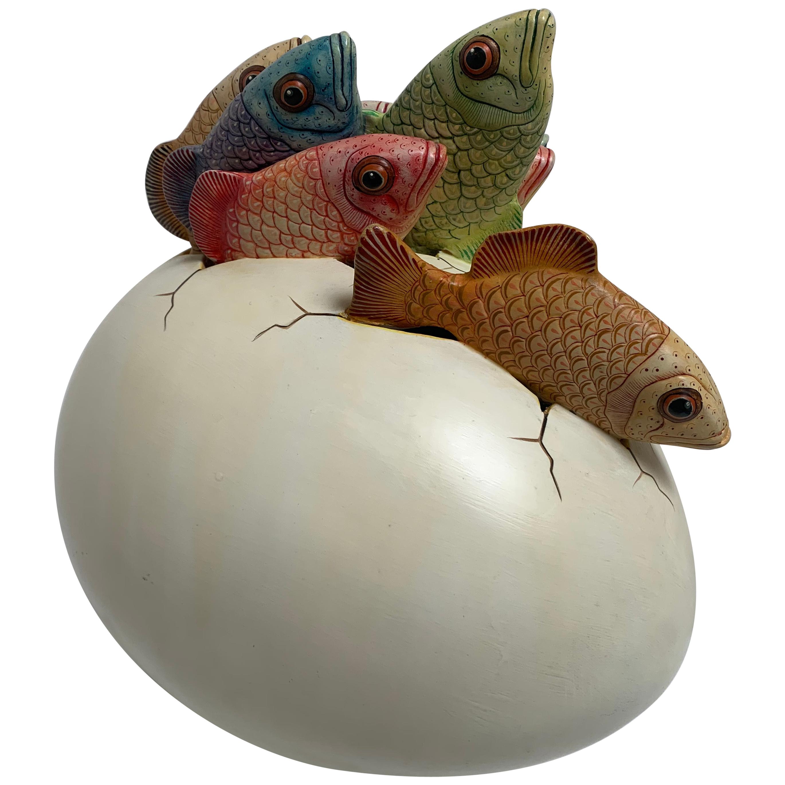Ceramic Sculpture, Egg Art Hatching Fish Signed by Artist Sergio Bustamante