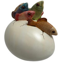 Ceramic Sculpture, Egg Art Hatching Fish Signed by Artist Sergio Bustamante